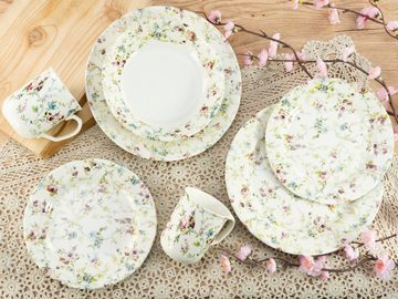 CreaTable Kombiservice Geschirr-Set Rose Garden (16-tlg), 4 Personen, Steingut, Service, Rosenmotiv, Vintage-Stil, 16 Teile, für 4 Personen