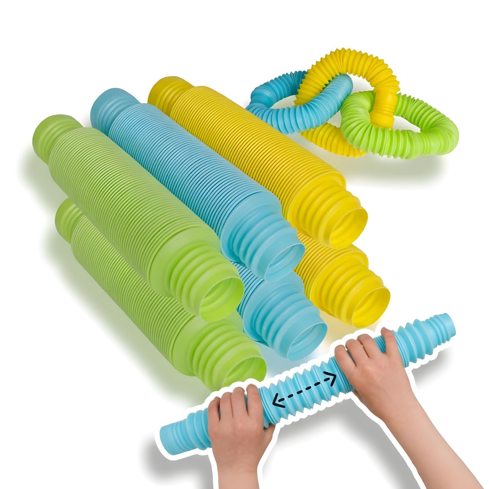 alldoro Fidget-Gadget Flexi Pop Tubes, 6 Stretch-Röhren Ø 4,5 cm, ausziehbar & biegsam, Sensorik-Spielzeug für Kinder & Erwachsene, Anti-Stress & bei ADHS