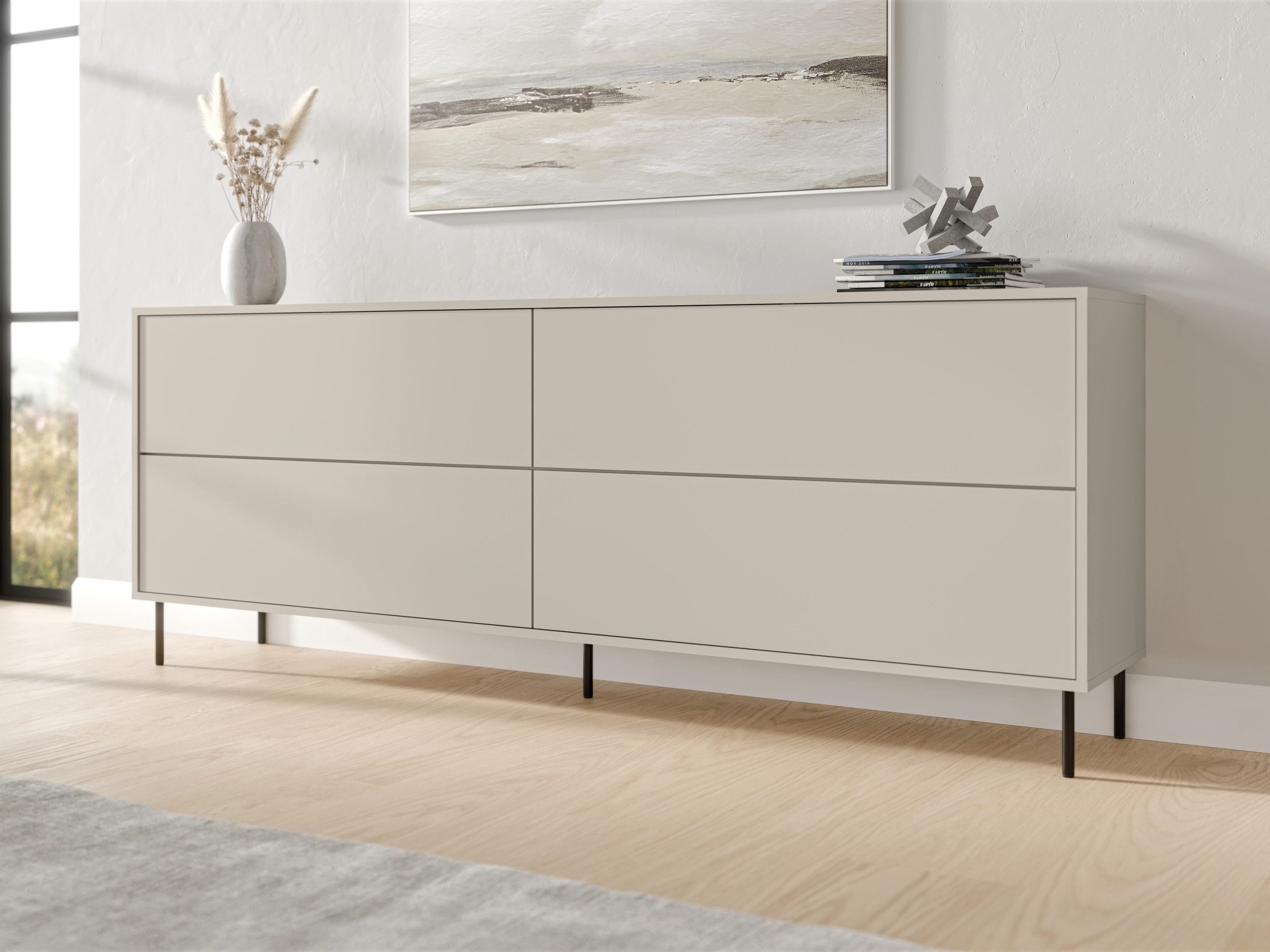 MIRJAN24 Kommode Masha 200 4D (mit vier Klappen), Gasdruckfeder, Schwarze Metallfüße 14 cm