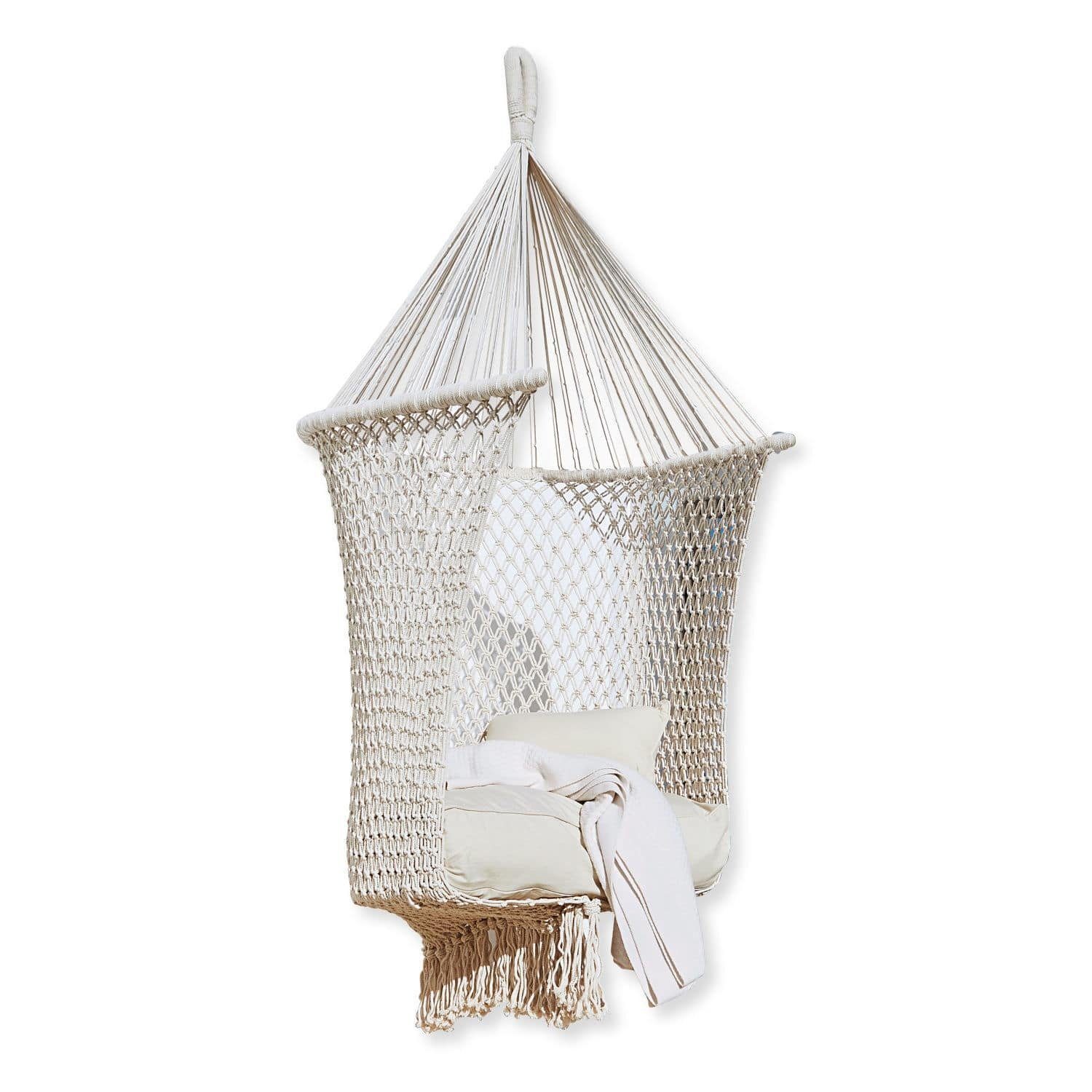 Mirabeau Gartensessel stilvoller Makramee Hängesessel Raffaelle aus Baumwolle weiß (mit Aufhängevorrichtung, strapazierfähigem Sitz- & Rückenkissen), Boho Hängematte, Relaxsessel, B 80cm, H 130cm, T 100cm