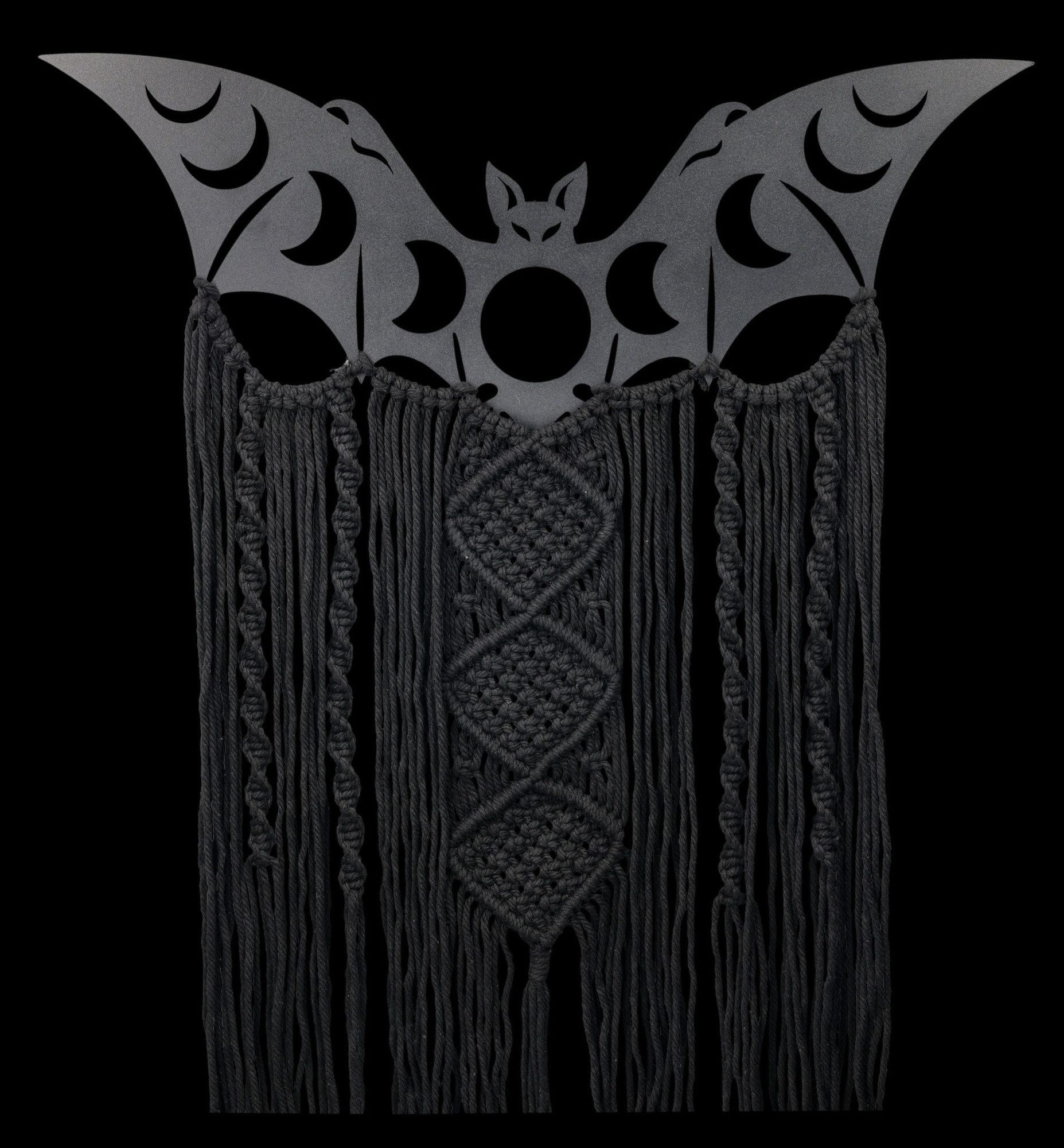Figuren Shop GmbH Wanddekoobjekt Makramee Wanddeko Fledermaus – Gothic Wandbehang Mondphasen 66 cm