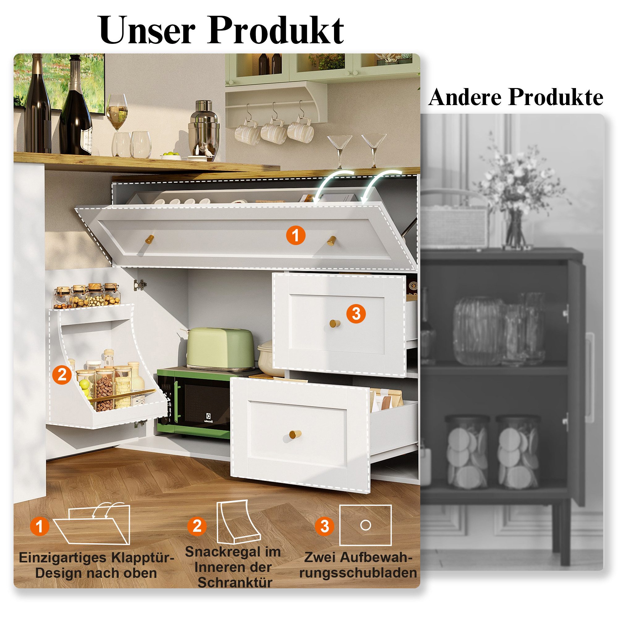 IDEASY Bartisch Teleskopisch verstellbarer Bartisch mit Snackablage, Stauraum, Stehtisch Kücheninsel, Küchenschrank Sideboard, 138-204x39x105 cm