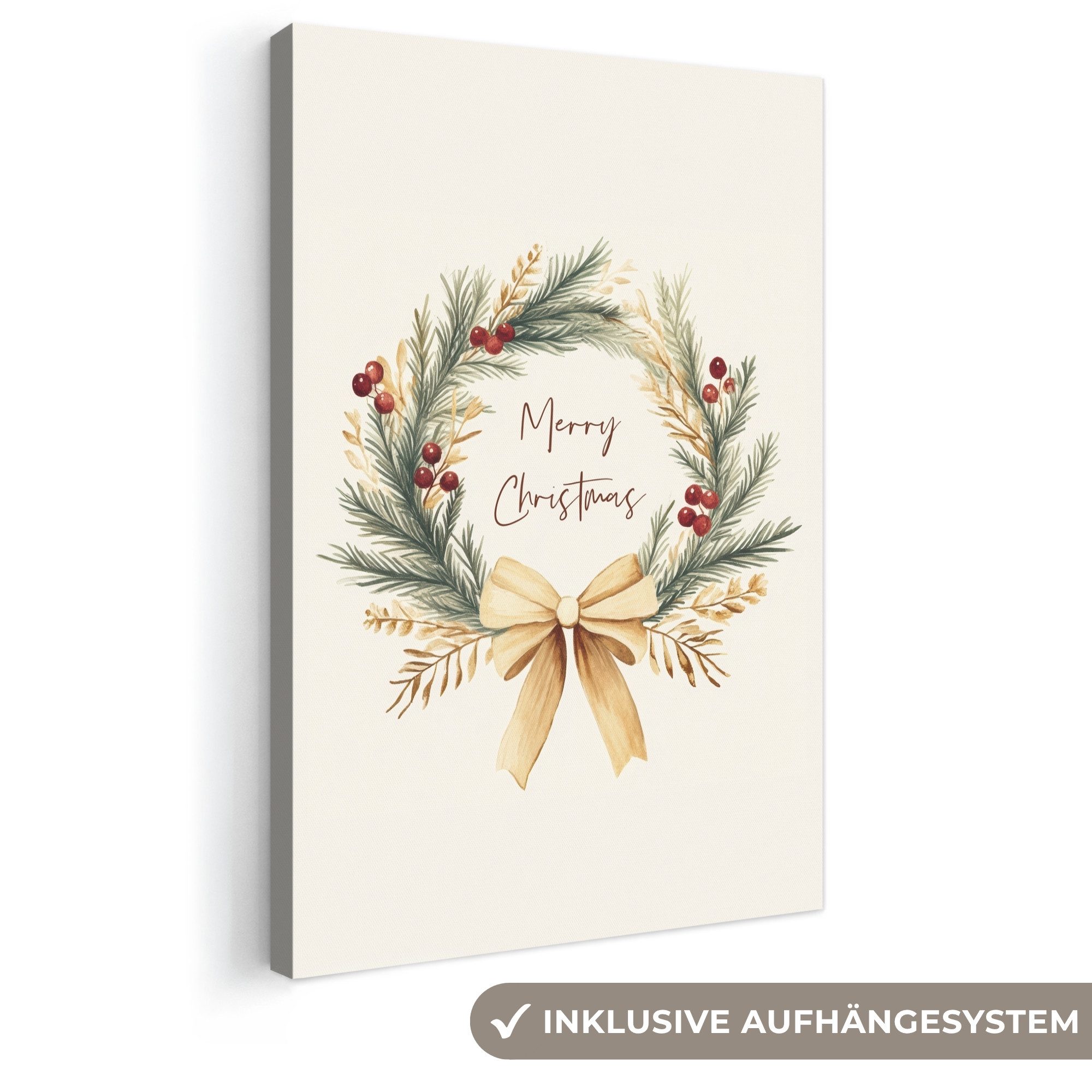 OneMillionCanvasses® Leinwandbild Weihnachtskranz - Weihnachten - Gold - Beige, Fotodruck (1 St), Leinwand Canvas Wandbild, Wanddekoration 20x30 cm
