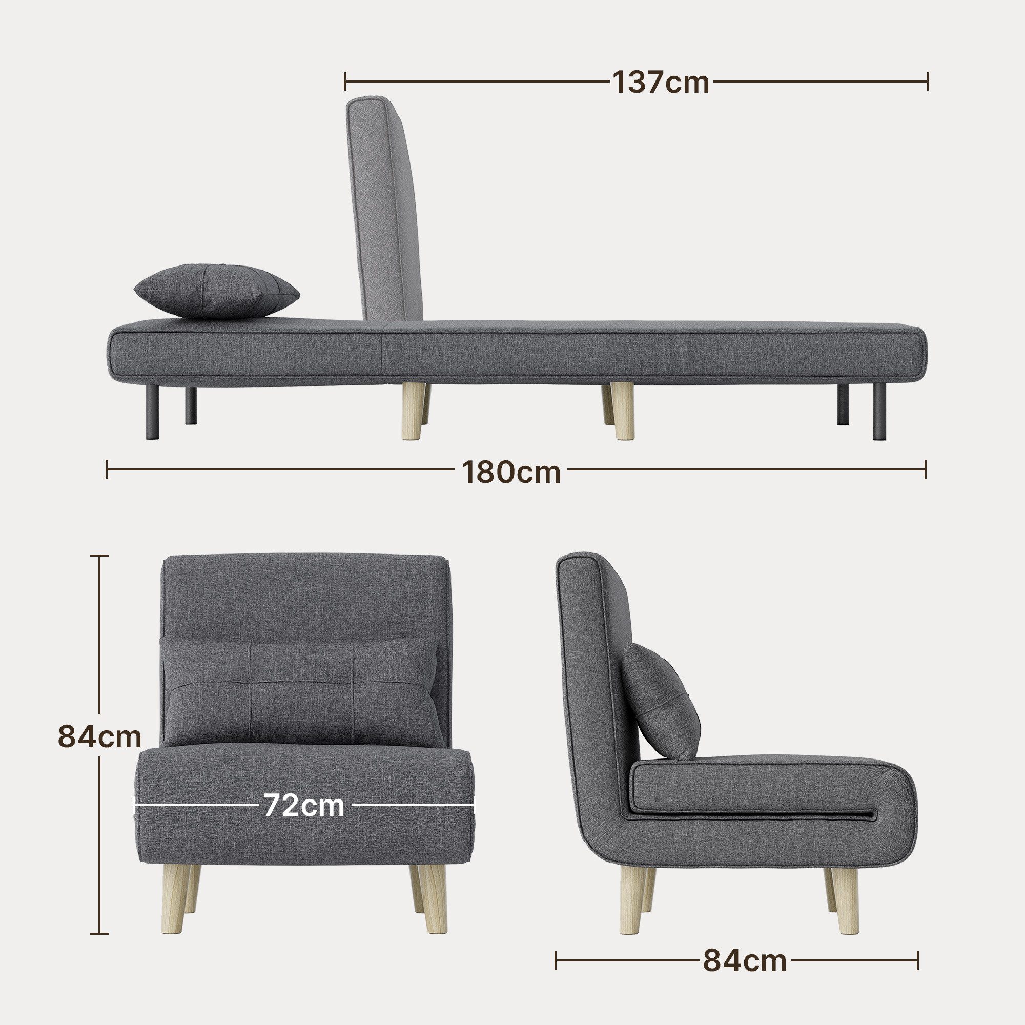 Blishom Relaxsessel Schlafsessel 3 in 1, Klappsessel mit verstellbarer Rückenlehne, Einzel Schlafsofa mit Kissen, platzsparende Gästeliege