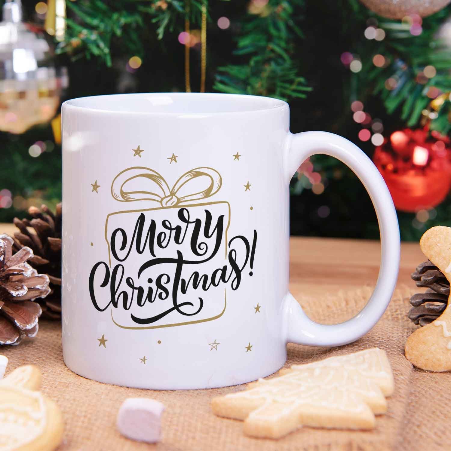 Geschenk Merry - Weihnachtsmotiv Weiß - Weihnachten, GRAVURZEILE mit Geschenke Männer Tasse zu für Frauen & Spülmaschinenfest Christmas -