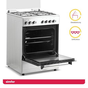 Simfer Gas-Standherd SMF FS 6031, 60 cm, Gaskochfeld mit Elektro-Backofen, 66 Liter Garraum, mit Teleskopauszug nachrüstbar, Grillfunktion, Seitengitter, Timer, Elektrische Taktfunkenzündung