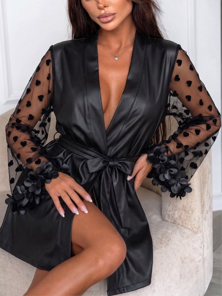 Elegant Love Kimono Kurzer Damen-Satin-Morgenmantel mit Mesh-Ärmeln und Herzmuster, Bindeband, Robe mit Bindegürtel zum Schließen, Nachtwäsche