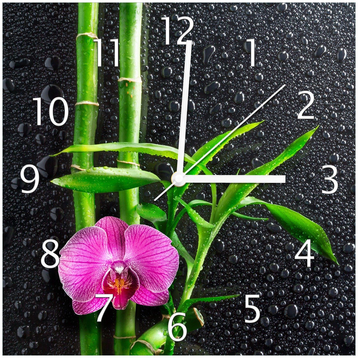 Wallario Wanduhr Bambus und pinke Orchidee auf schwarzem Glas mit Regentropfen (Glasuhr)