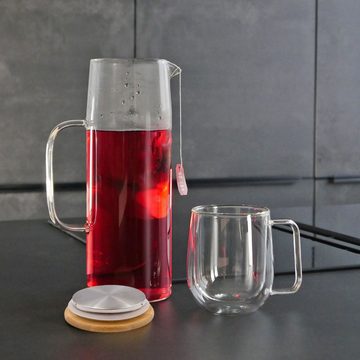 Intirilife Karaffe, (Karaffe aus Borosilikatglas mit Henkel und Holz Deckel), Glas Krug mit Bambusdeckel in KLAR - 1,6l