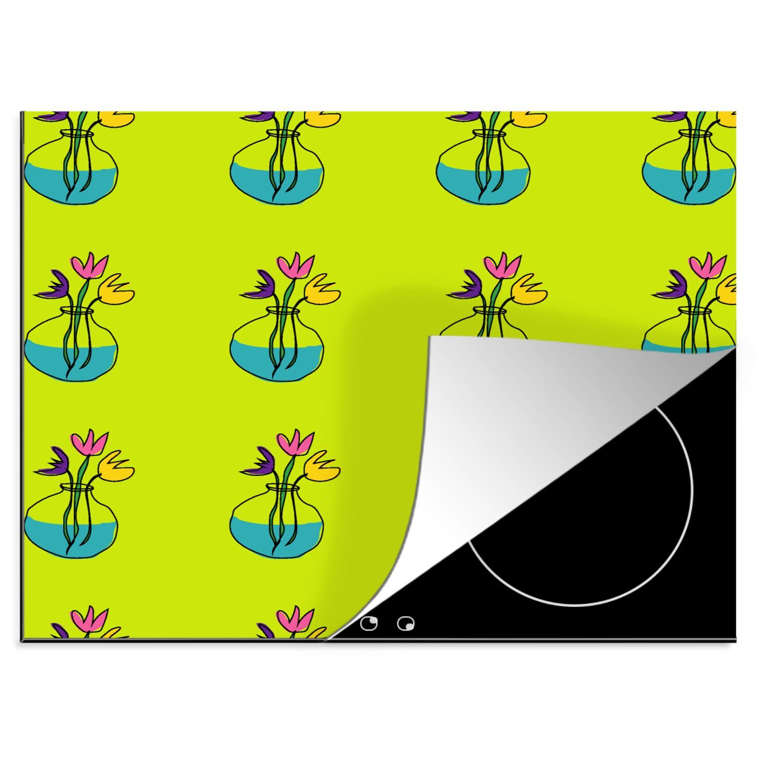 MuchoWow Herdblende-/Abdeckplatte Blumen - Vasen - Muster, Vinyl, (1 tlg), 60x52 cm, Mobile Arbeitsfläche nutzbar, Ceranfeldabdeckung | Herdabdeckplatten