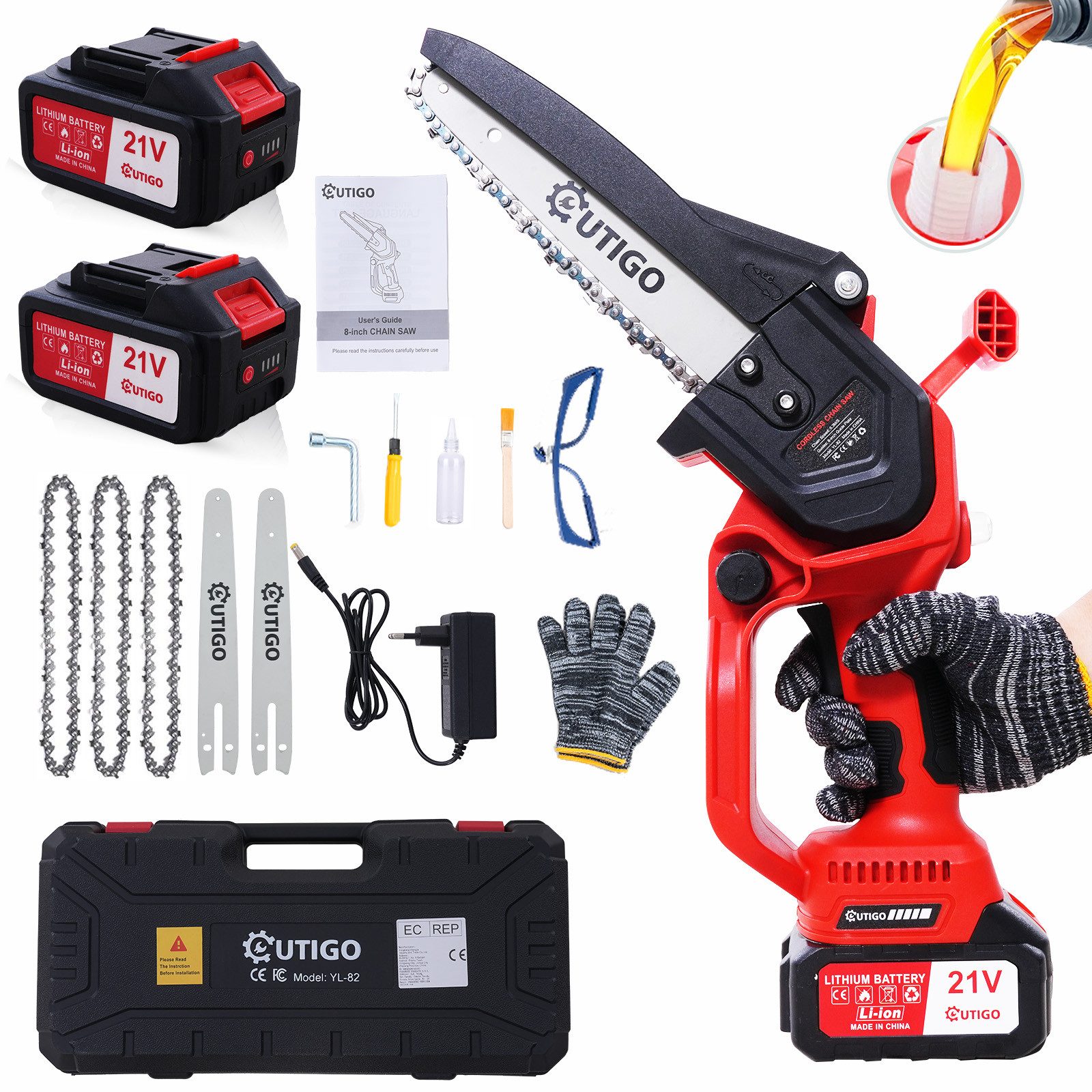 OUTIGO Akku-Kettensäge 8'' mini Kettensäge, 1000W Bürstenlose Elektro-Kettensäge, 2*4 AH akkus, 3 Führungsstange+4 Sägekette, 1000W, Bürstenlosen Motor