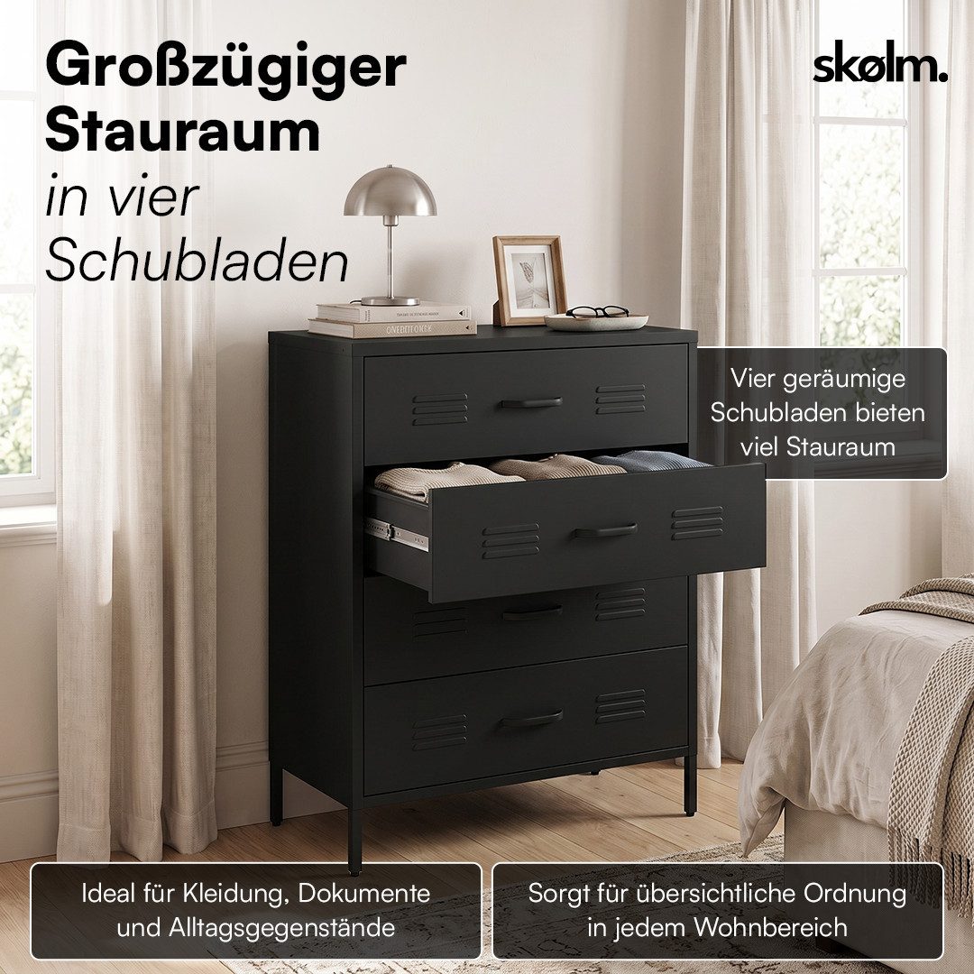 skølm Kommode Atria aus Metall (Schwarz), Sideboard mit 4 Schubladen, Metallschrank mit höhenverstellbaren Füßen – Bild 2 von 5