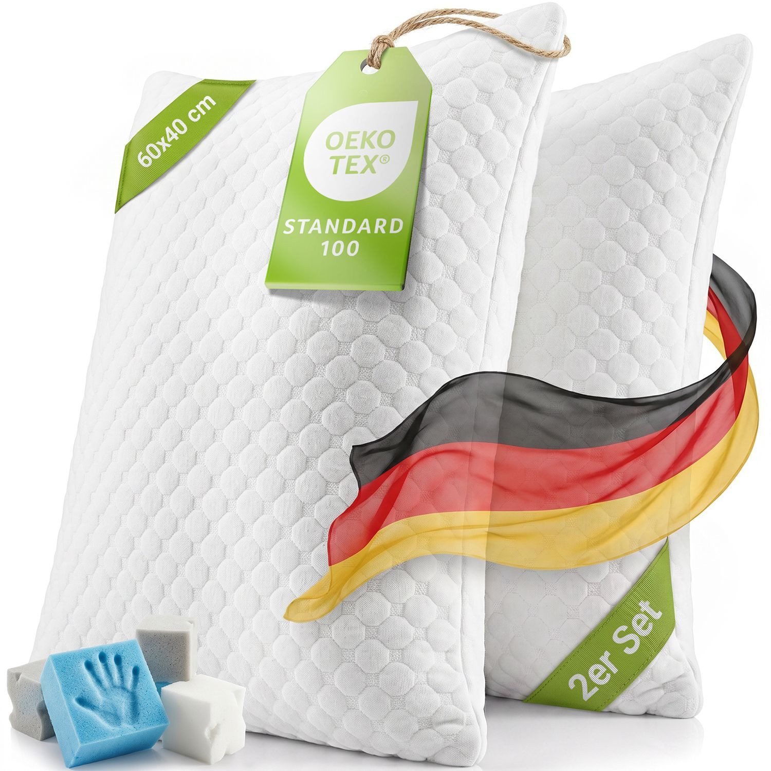 Juskys Kopfkissen, Füllung: 700 g + 100 g zerkleinerter Memory Schaum, 40x60 cm, 2er Set Kissen mit Memory-Foam, atmungsaktiv & hypoallergen