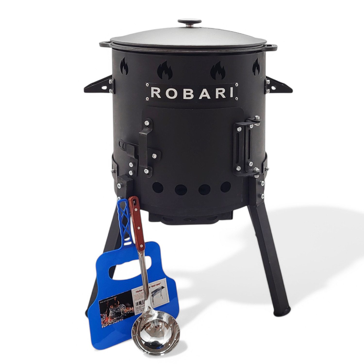 ROBARI Holzkohlegrill Utschak Set mit Kasan 15 L mit Deckel aus Gusseisen und Zubehör