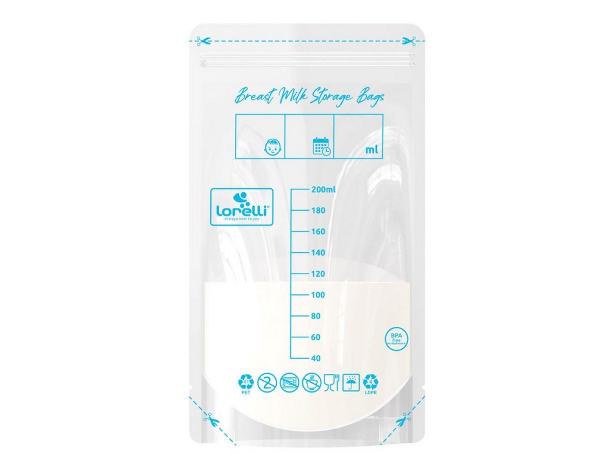 LORELLI Muttermilchbeutel Muttermilchbeutel 45 Stück 200 ml, LDPE, auslaufsicher, Doppelzipper, vorsterilisiert, Füllmenge 200 ml