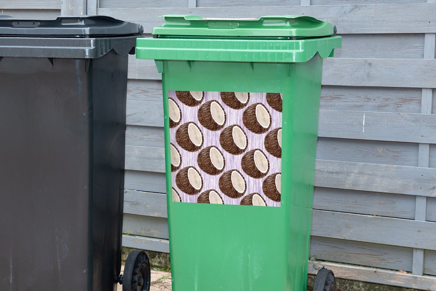 MuchoWow Wandsticker Kokosnuss Abfalbehälter - Lila Weiß Sticker, Mülleimer-aufkleber, (1 St), Mülltonne, - Container