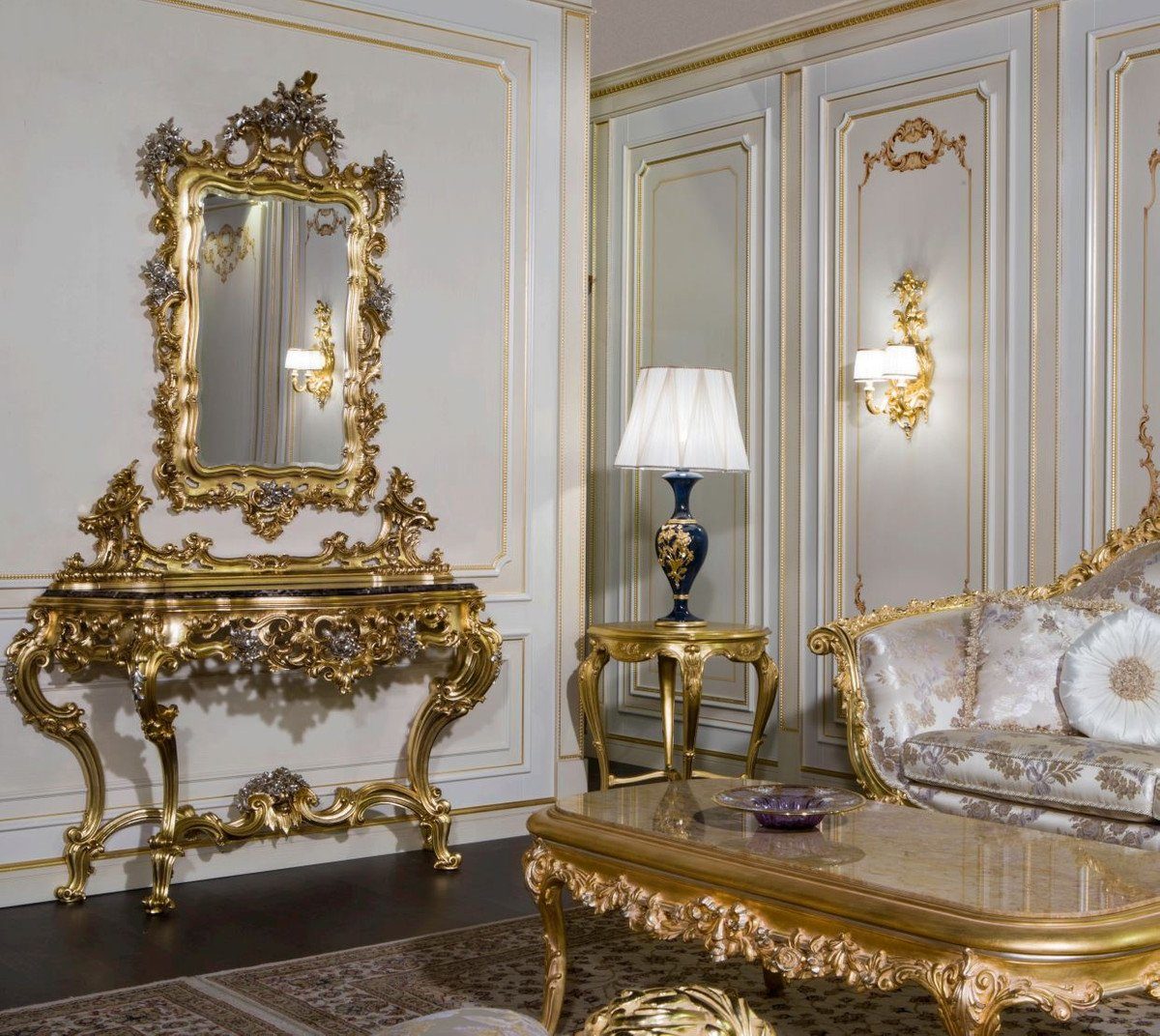Luxus Made Möbel Gold mit in Qualität Set / Spiegel Luxus Wandspiegel Schloss Casa Italy - Padrino Konsolentisch Möbel Prunkvoller - Möbel mit Schwarz Barock / Barockspiegel - - Silber handgeschnitzter Hotel Konsole -