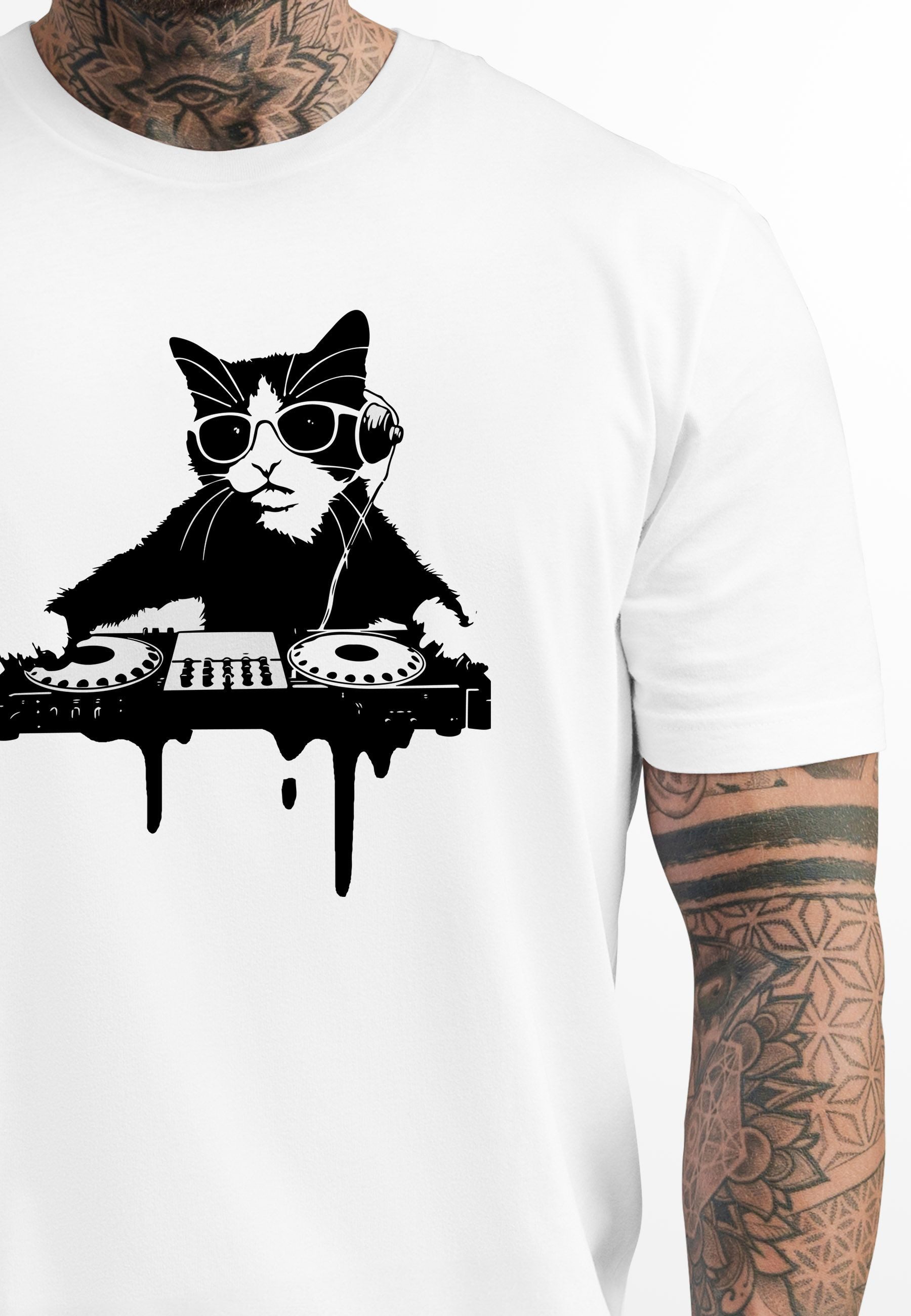 Neverless Print-Shirt Herren T-Shirt Techno Katze DJ Musik Motivshirt Somme günstig online kaufen