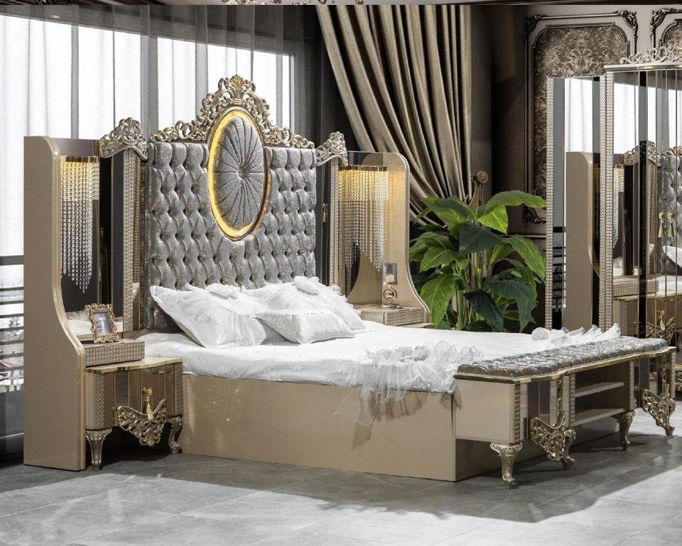 JVmoebel Schlafzimmer-Set Luxus Garnitur Schlafzimmer Doppel Bett Klassischе Beige Set 3tlg Neu, (Bett + 2x Nachttische), Made in Europe