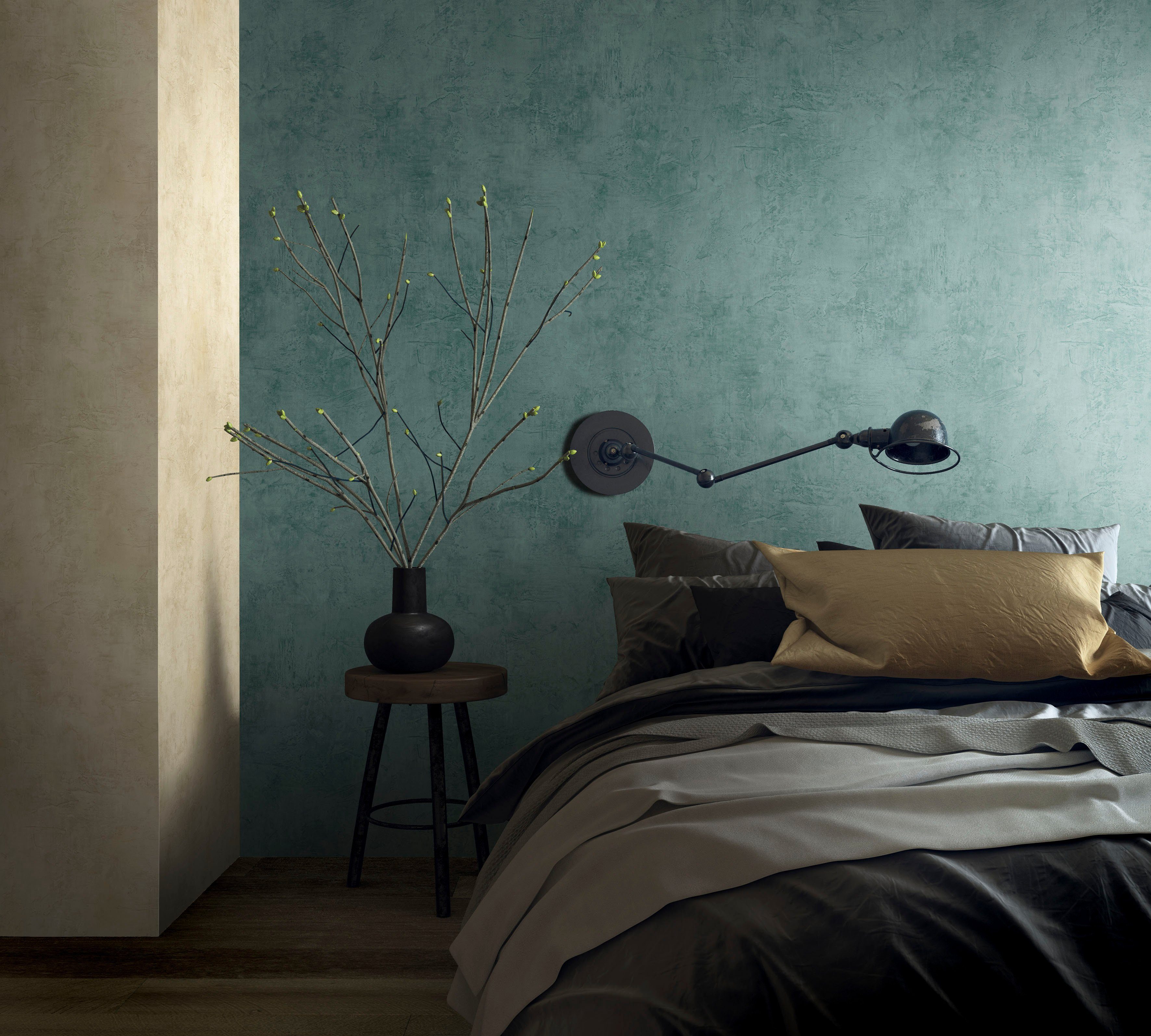Küche Schlafzimmer Vliestapete uni, moderne Vliestapete grün texturiert, für Wohnzimmer Marburg Leather,
