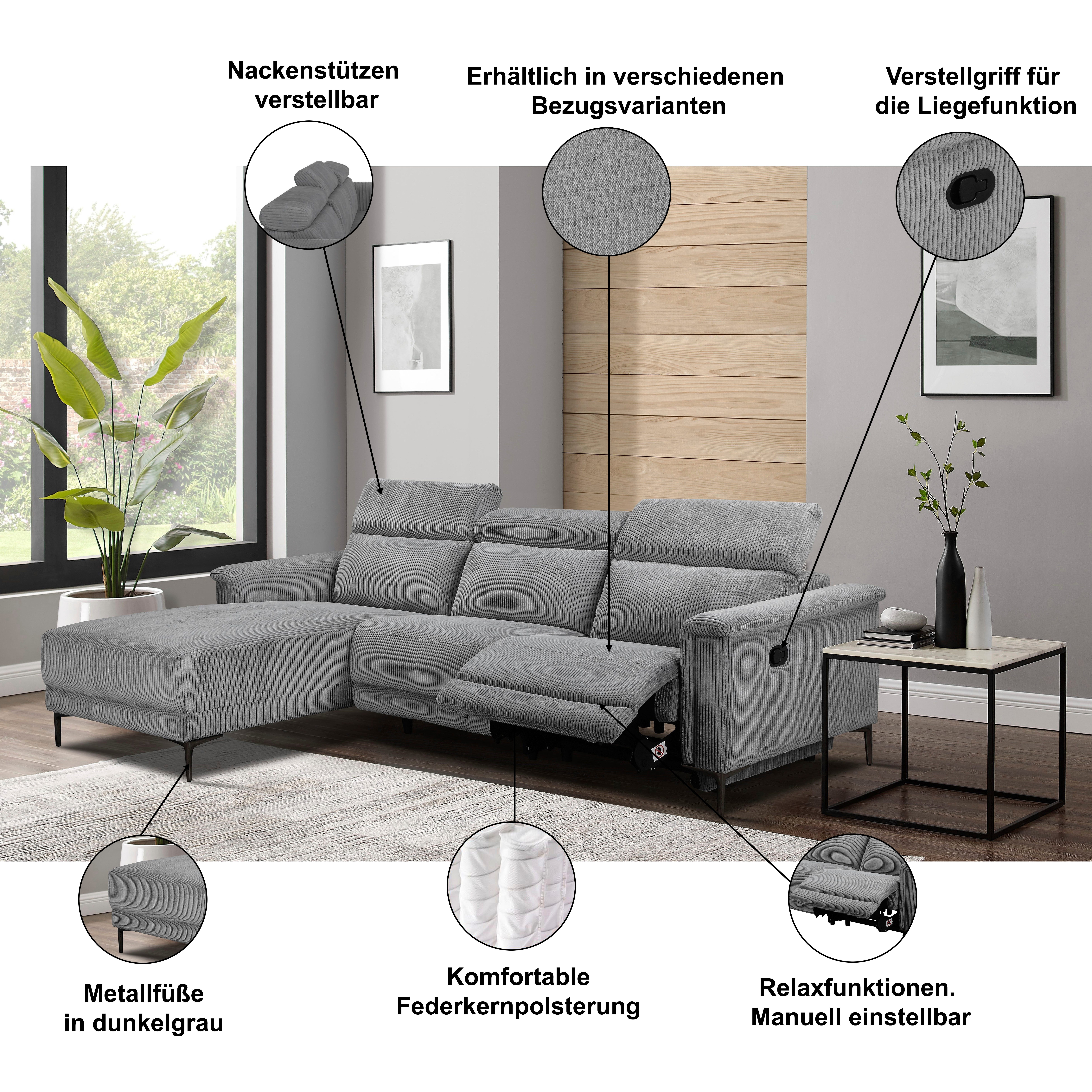 OTTO home Ecksofa LUND, L-Form, 261cm, man. o. elektr. Relaxfunktion (mit USB-A), und Kopfteilverstellung