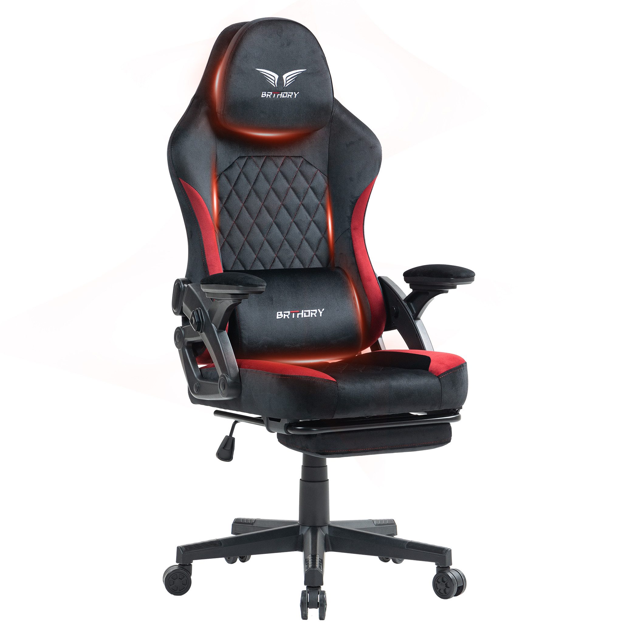 BRTHORY Gaming-Stuhl Rmit Verstellbare Kopfstütze Wippfunktion, 135°, Schwarz Rot