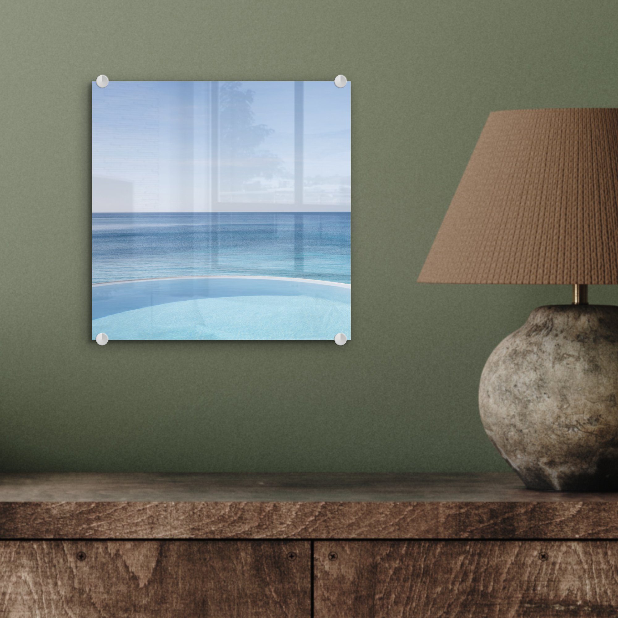 (1 Glasbilder Infinity-Pool - von auf Acrylglasbild Der Karibische Foto Wandbild Glas aus, Glas - St), Ozean Wanddekoration einem - Bilder MuchoWow auf