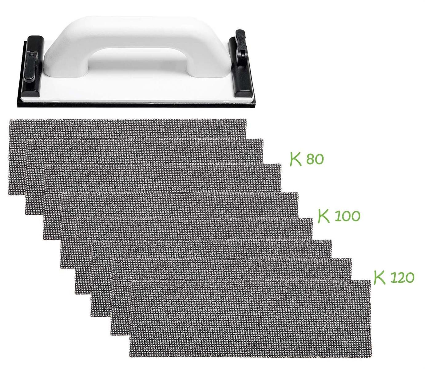 varivendo Handschleifer Handschleifer + Schleifgitter-Streifen, (Set, 4 tlg., Handschleifer + Schleifgitter-Streifen), Schleifblock Schleifklotz Schleifpapier Schleifbrett