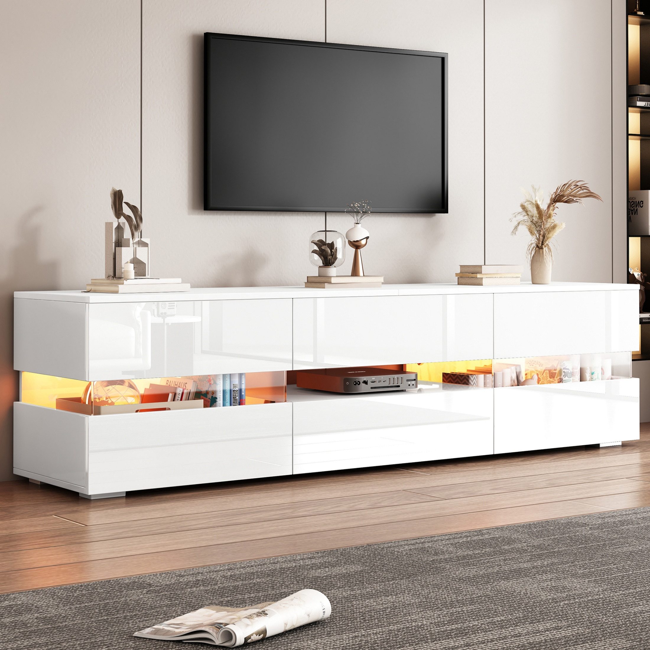 autolock Lowboard TV-Schrank Hochglanz mit LED-Beleuchtung für 70-Zoll-Fernseher (160 × 39 × 45 cm), TV-Stände Fernsehschrank TV-Board mit Acryl-Glaseinsatz Drucköffnung