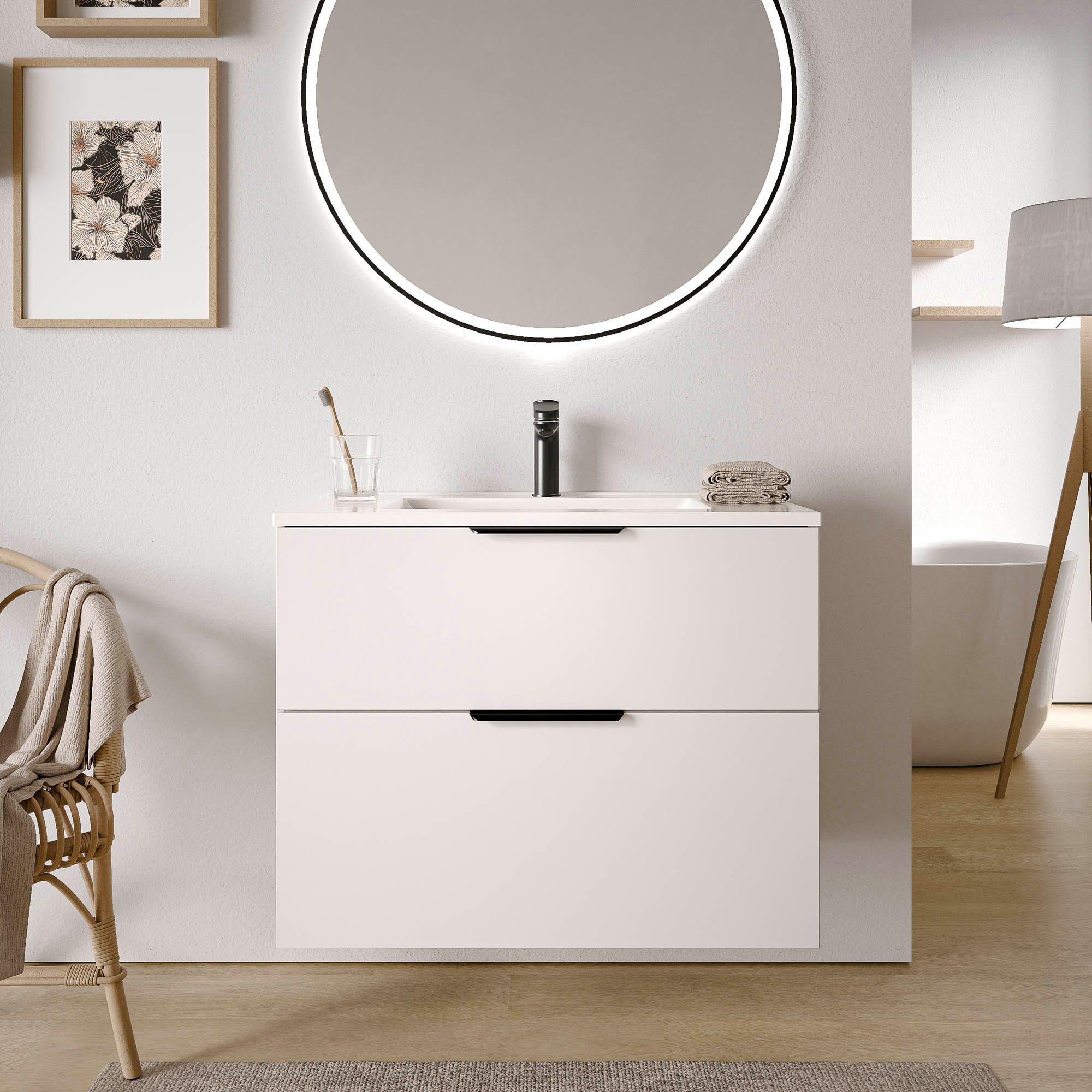 Bernstein Waschtisch-Set TIM 80, (Waschtisch-Set, 2-St., Waschtischunterschrank; Waschbecken), Waschbecken; Mit 1 Hahnloch; Mit Überlauf; Soft-Close