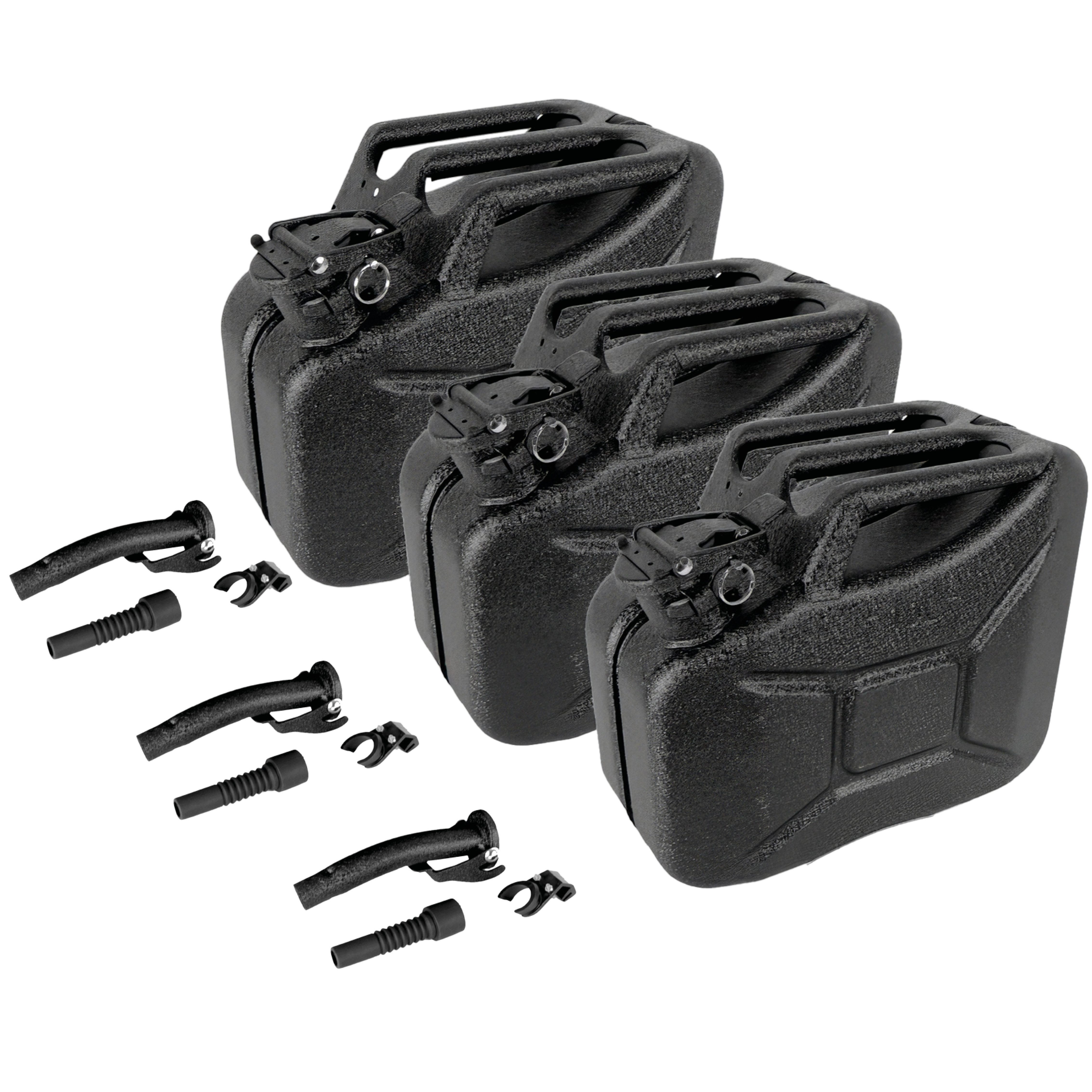 TRUTZHOLM Kanister 3x Kraftstoffkanister Metall 10 L Hammerschlag kratzfest schwarz (3er Set), inkl. Ausgießer + Halter