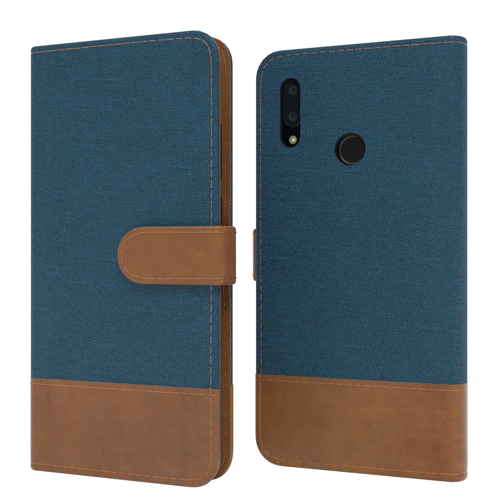EAZY CASE Handyhülle Bookstyle Jeans für Huawei P Smart 2019 6,21 Zoll, Klappcase mit Standfunktion und Kartenfach Stoff Schutzhülle Blau