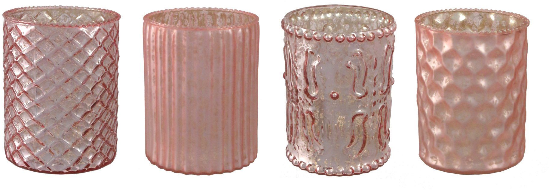 Creativ deco Windlicht (4 St), mit unterschiedlich strukturierten Oberflächen, 4er Set, H: ca. 10 cm rosa