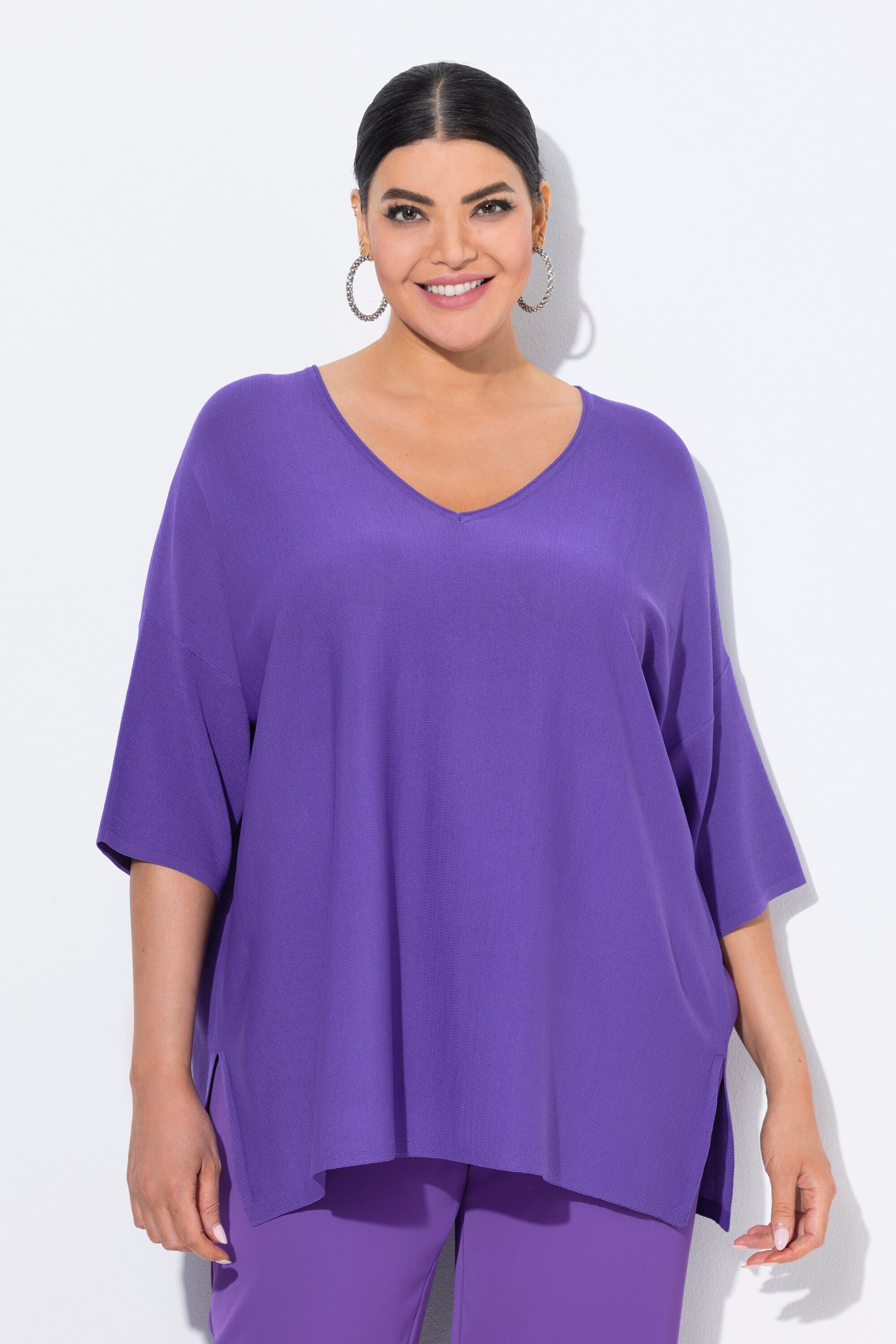 Ulla Popken Strickpullover Pullover Oversized V-Ausschnitt Halbarm günstig online kaufen