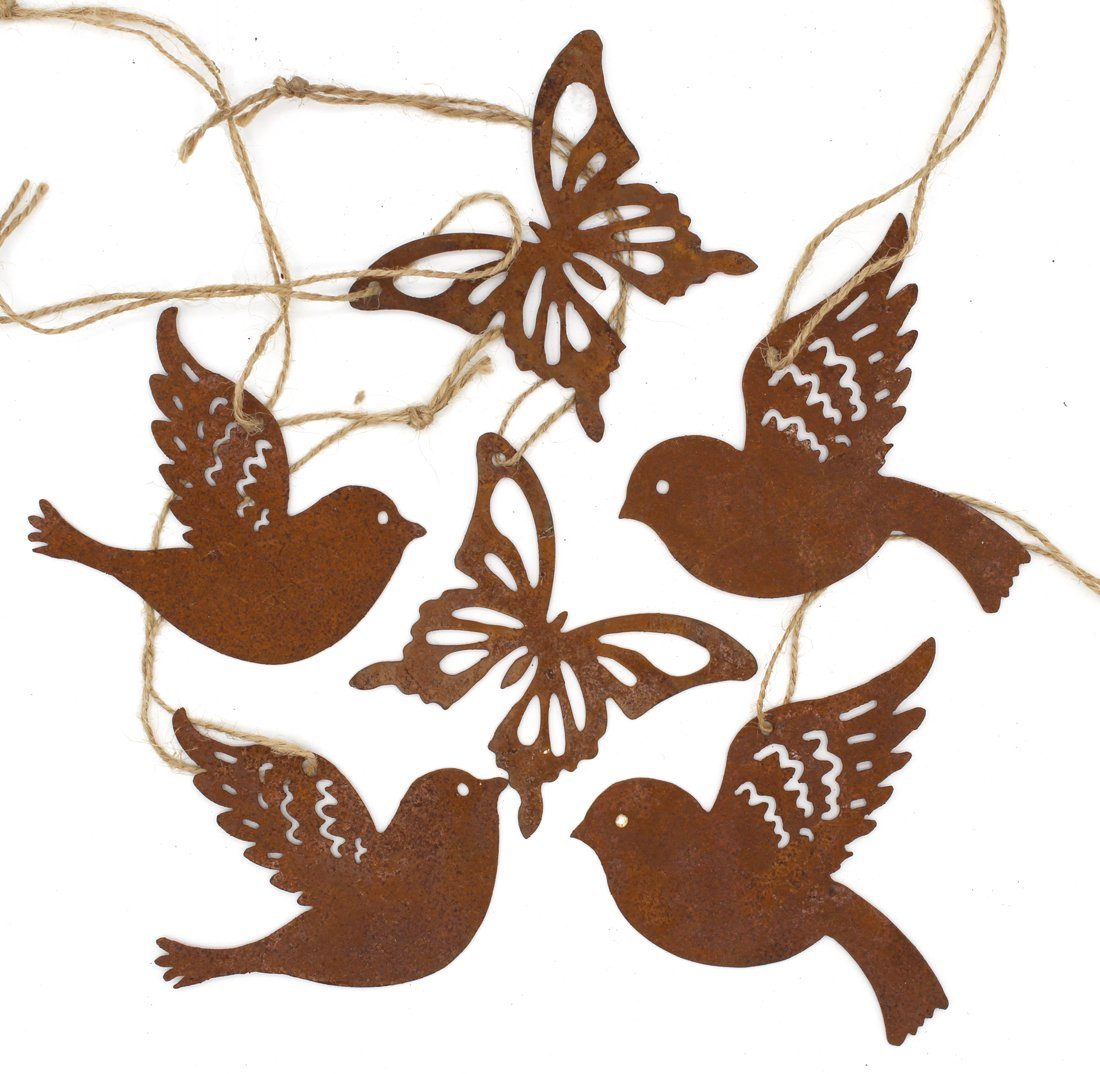 LB H&F Lilienburg Hängedekoration 6er SET Schmetterling Vogel Vögel Dekohänger Fensterhänger (Hänger Rostanhänger Rostschmuck Rostdeko Rostfigur für Hängezweig Hängeast, Metallhänger Fensterschmuck Hängedeko Dekoanhänger zum aufhängen), Fensterdeko Frühling Ostern Frühlingsdeko Anhänger Deko Rost