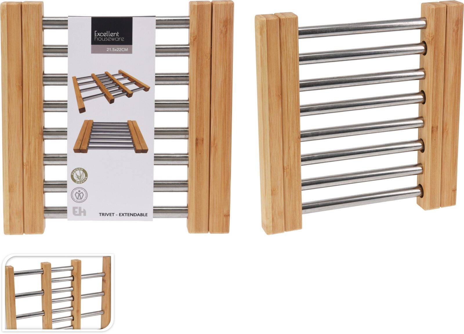 Koopman Topfuntersetzer Topfunterlage Untersetzer Hitzeunterlage Pfannenunterlage 34x22cm, 1-tlg., Ausziehbar, Bambus, Breite von 21,5-34,5cm, Edelstahl, Flexibel