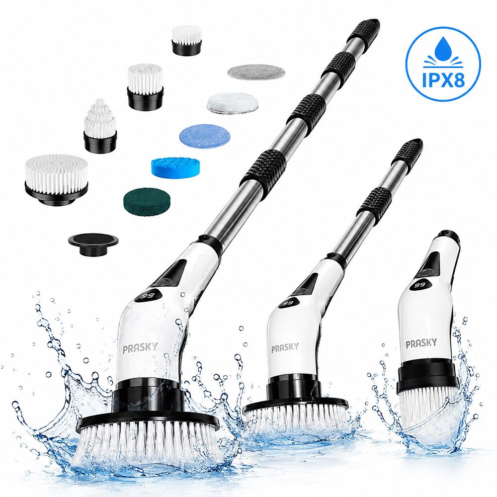 PRASKY Reinigungsbürsten-Set IPX8 Wasserschutz, LED-Anzeige, 110 Min. Laufzeit, 9 Bürstenköpfe, Fliesen, Laminatböden, Fenster und Autos, (Mehrere abnehmbare Teile badebürste elektrisch, Teppichreiniger, Akku-Oberflächenbürste mit 9 Bürstenköpfen), 30-130 cm Verlängerungsrohr, LED-Batteriestandsanzeige