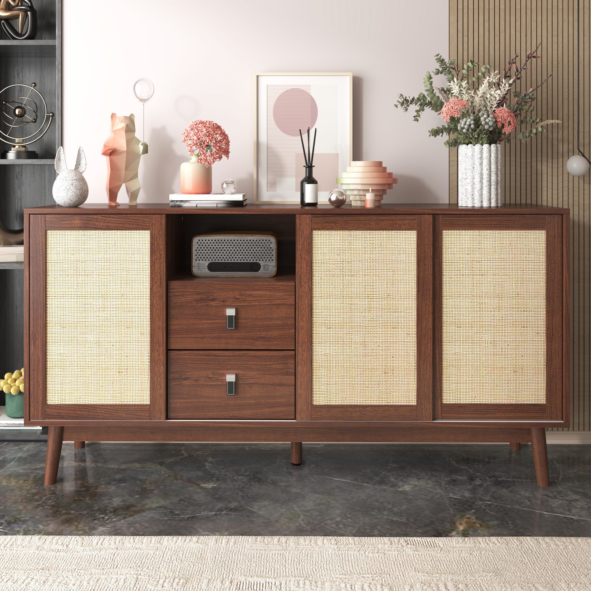 Merax Sideboard Skandi mit 3 Schiebetüren und 2 Schubladen (155 L x 38 B x 80 H, Brise), Rattan geflecht Kommode, Anrichte, Schrank mit Holzfüßen, Breit:155cm