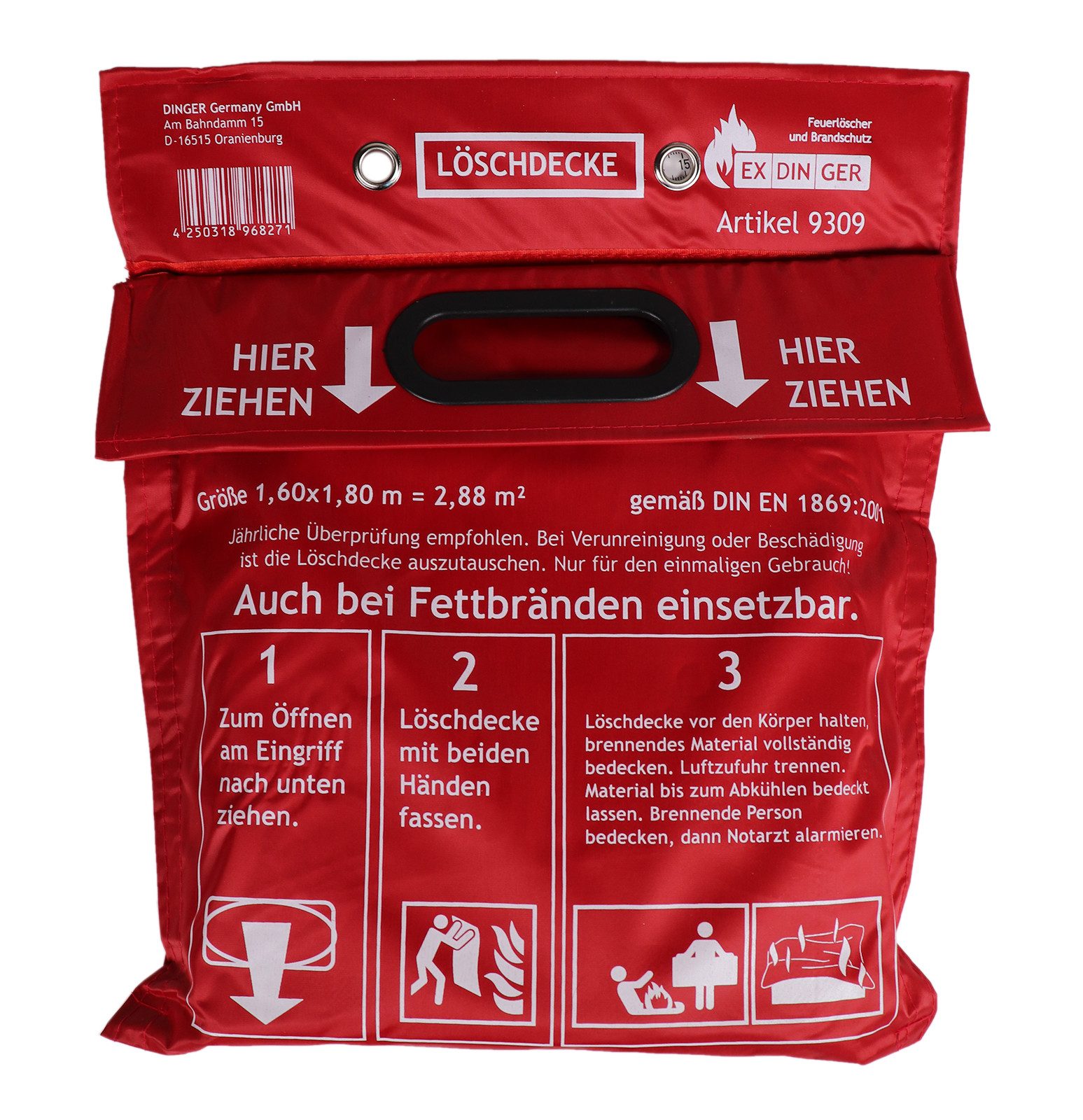 EXDINGER Löschdecke 1,60 x 1,80 m in Tasche zum Aufhängen mit Grifftaschen, (Packung), durch Klettverschluss schnell entnehmbar, praktische Grifftaschen