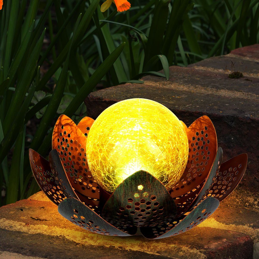 etc-shop Gartenleuchte, LED-Leuchtmittel Kaltweiß, Lotus Lampe Blume Kugel Solar Deko fest Crackle-Glas verbaut, LED Außen