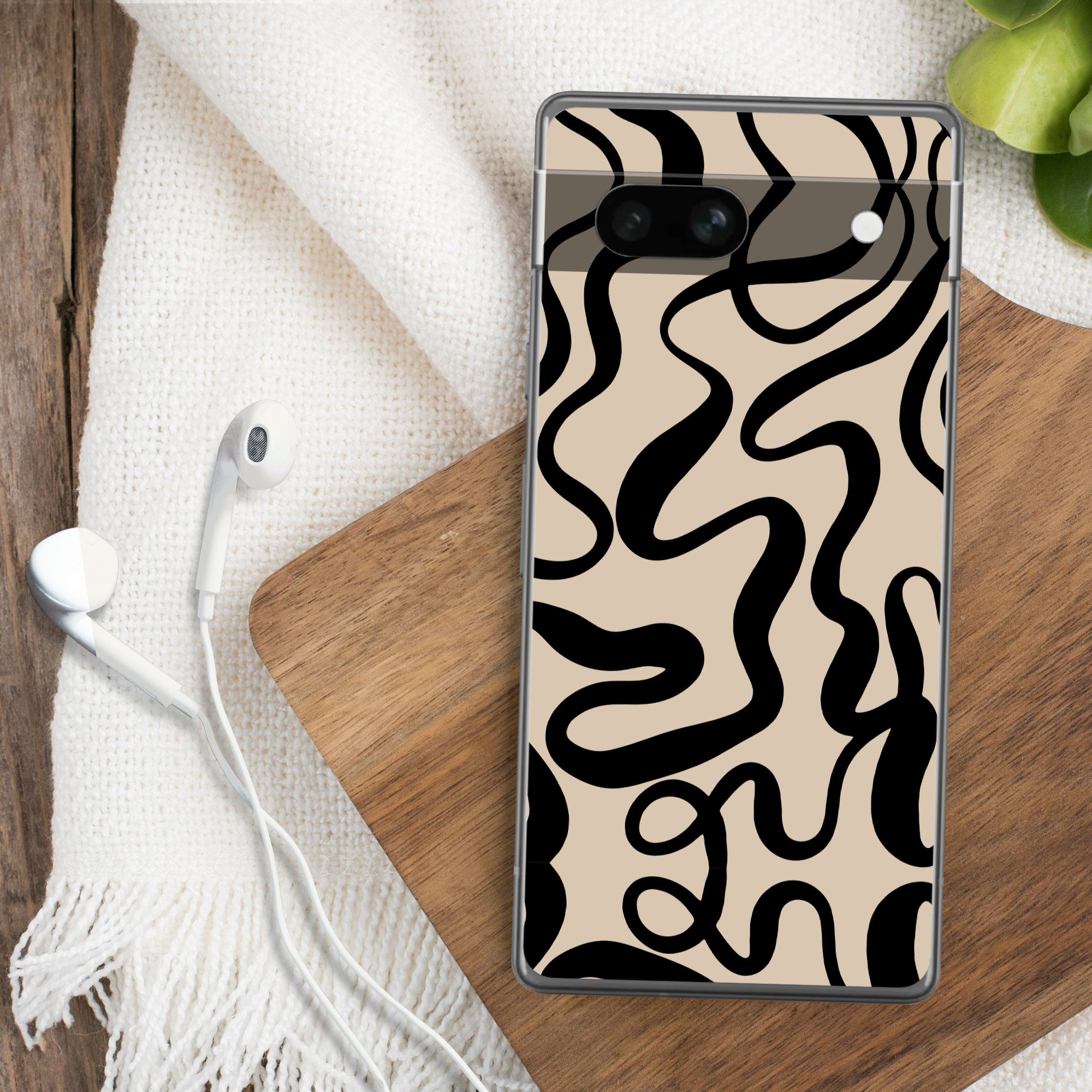 MuchoWow Handyhülle für Google Pixel 7a Linien - Schwarz - Beige - Abstrakt - Minimalistis, Handy Case, Silikon, Bumper Case Dünn