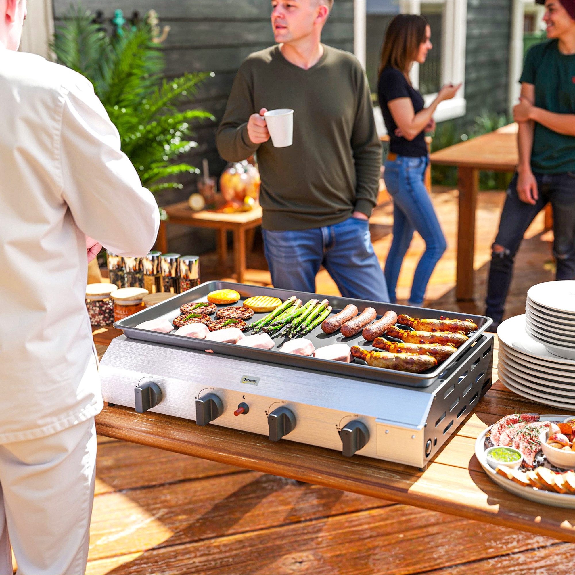 Outsunny Gasgrill Gasgrill, Grillwagen mit 4 Edelstahl-Brenner, verstellbare Beine, BBQ Gartengrill, 8000BTU,2,4 KW Grillwagen, für Balkon, Camping-Grill, 77 x 44,5 x 19 cm