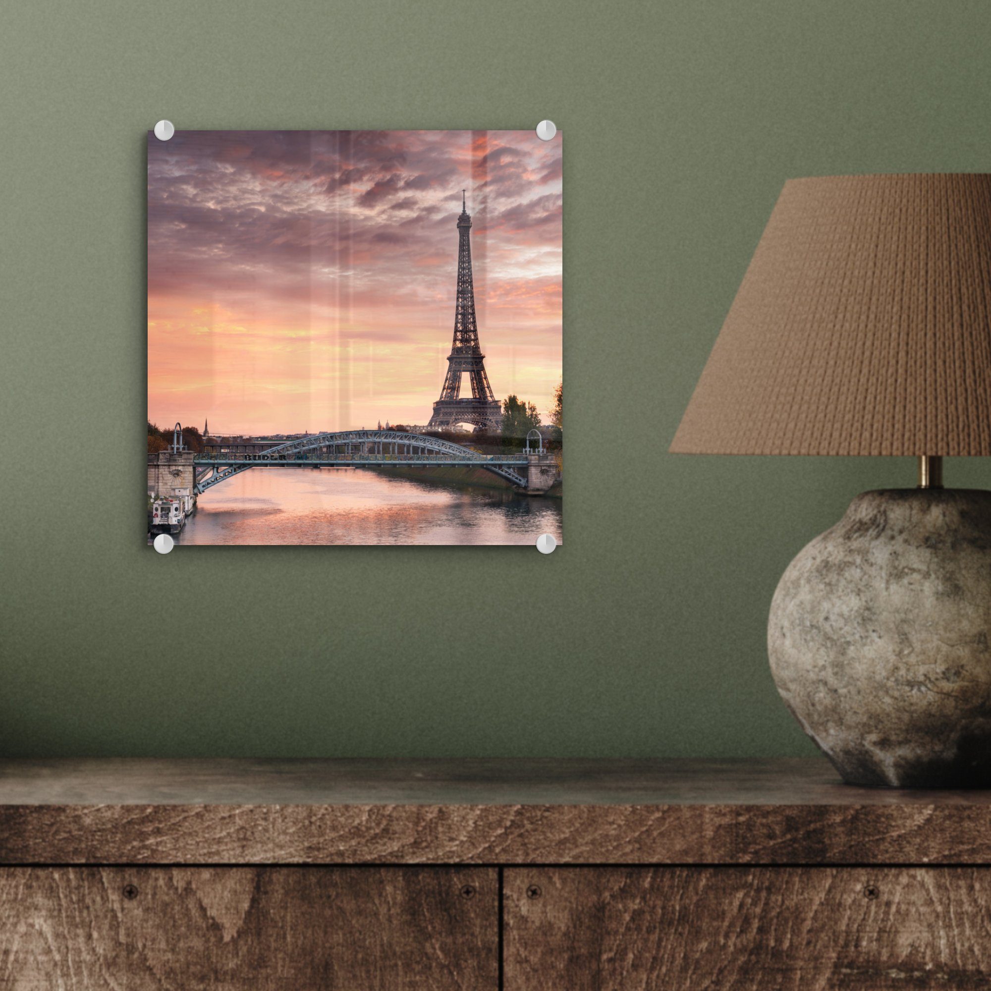 Foto auf St), Glasbilder MuchoWow Glas dem (1 auf hinter - Acrylglasbild Bilder Glas - Eiffelturm, - Wanddekoration Wandbild Sonnenuntergang