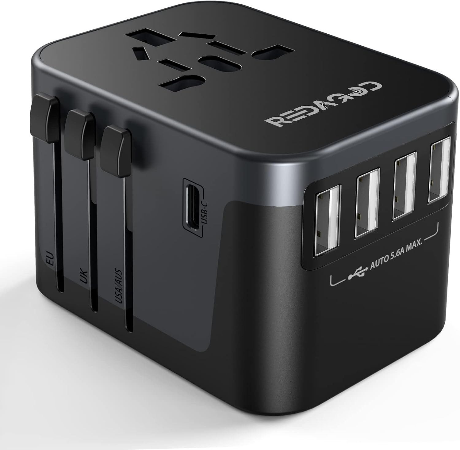 Redagod Universal Reiseadapter Weltweit USB-C Schnellladeadapter 224 Länder Reiseadapter AU Stecker, EU Stecker, UK Stecker, US Stecker zu USB-A, USB-C, AC Steckdose, 224 Länder kompatibel, USB-C Schnellladung, 4x USB, Doppel­sicherung