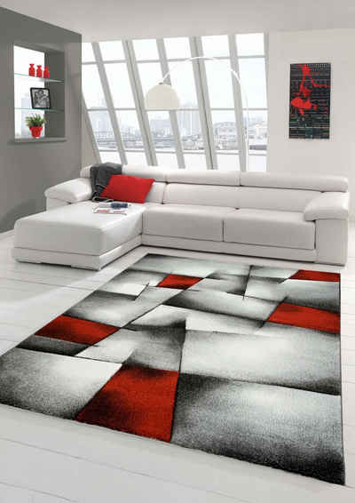 Teppich Designer Teppich Moderner Teppich Wohnzimmer Teppich Kurzflor Teppich mit Konturenschnitt Karo Muster Rot Grau Weiß Schwarz, Teppich-Traum, rechteckig, Höhe: 13 mm