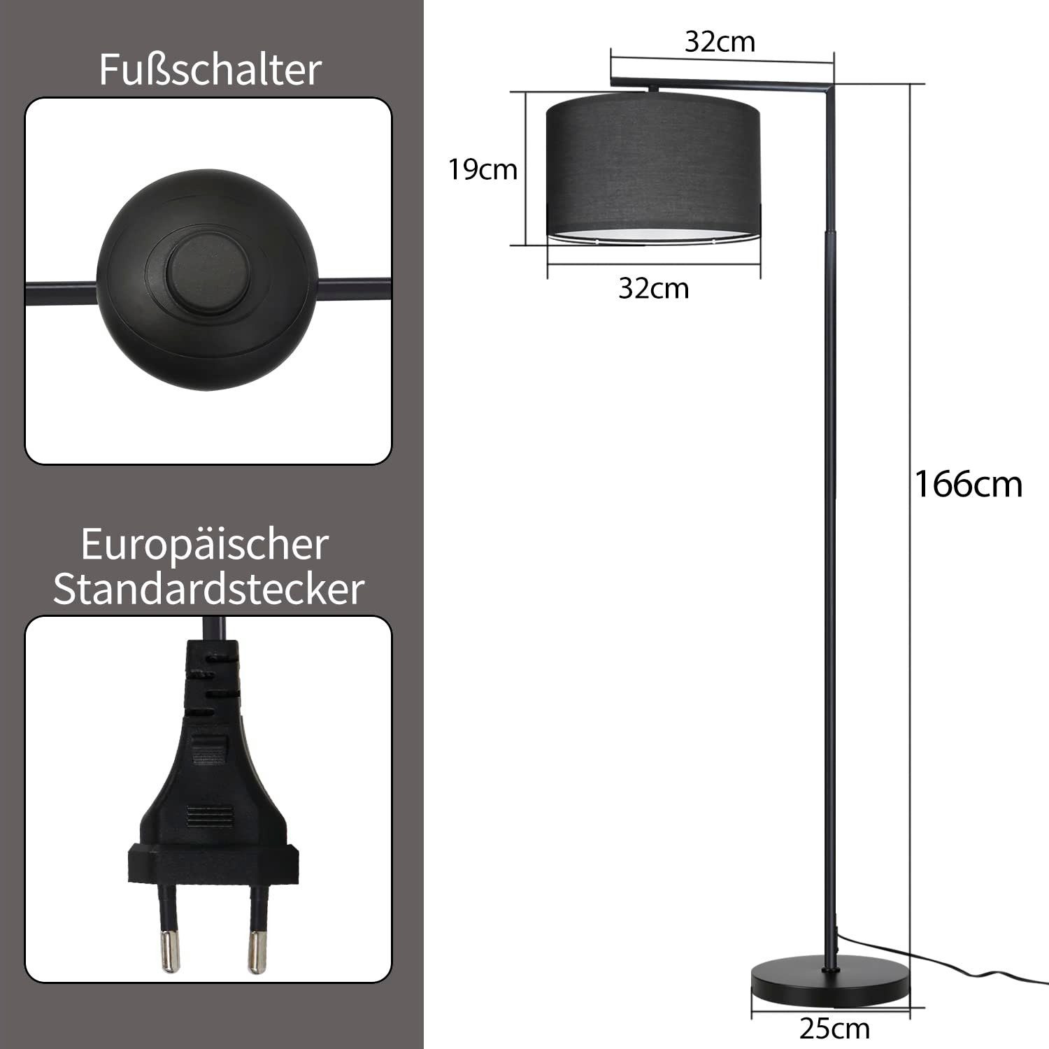 Nettlife Stehlampe Wohnzimmer Schwarz Stehleuchte Stoffschirm Bogenlampe E27 Leselampe, mit Fußschalter, LED wechselbar, Schlafzimmer Wohnzimmer Arbeitszimmer – Bild 5 von 5