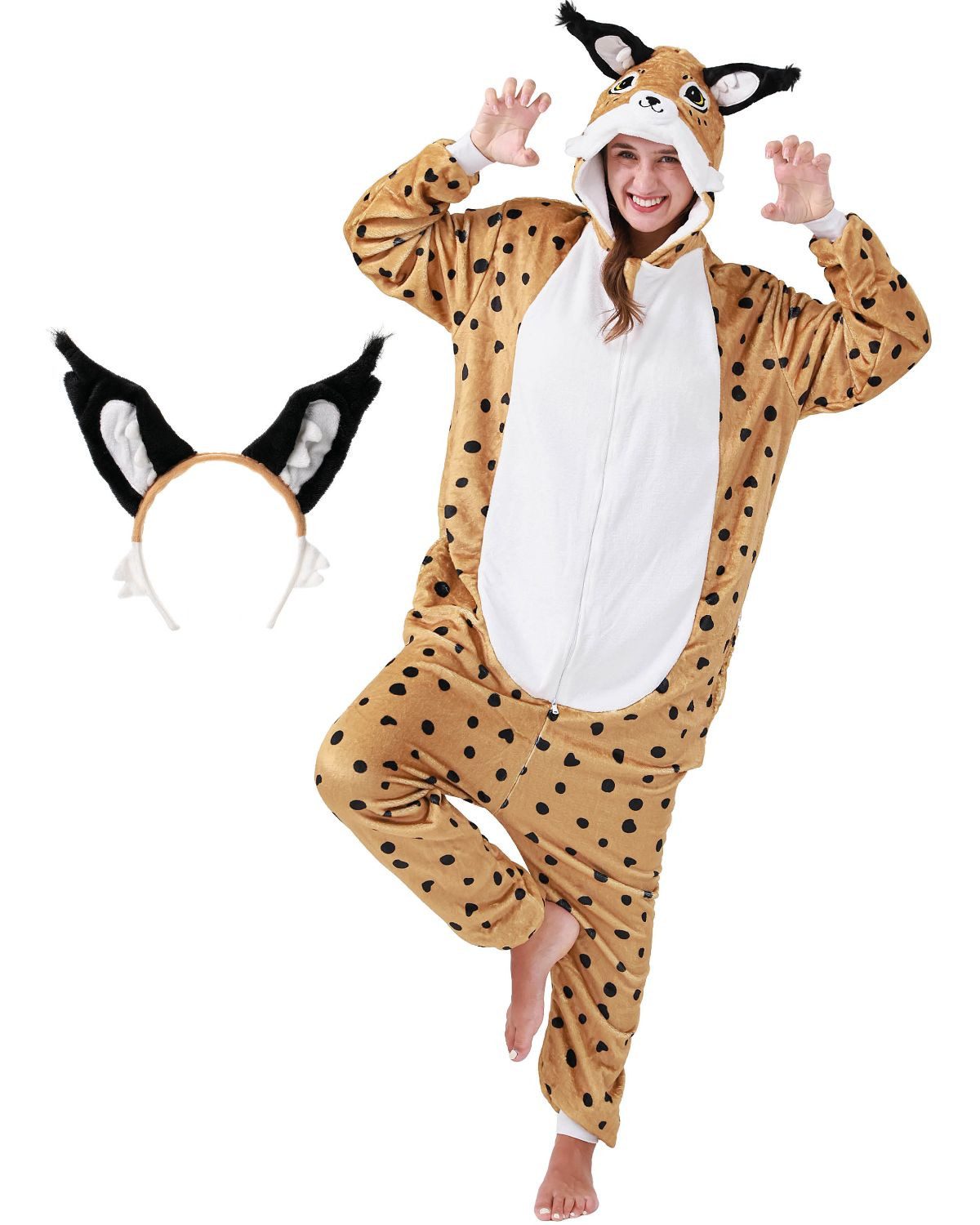 Corimori Partyanzug Flauschiges Luchs-Kostüm mit Haarreif, Jumpsuit, Pyjama, Fasching, Kigurumi, Tierkostüme, Luchs Silas