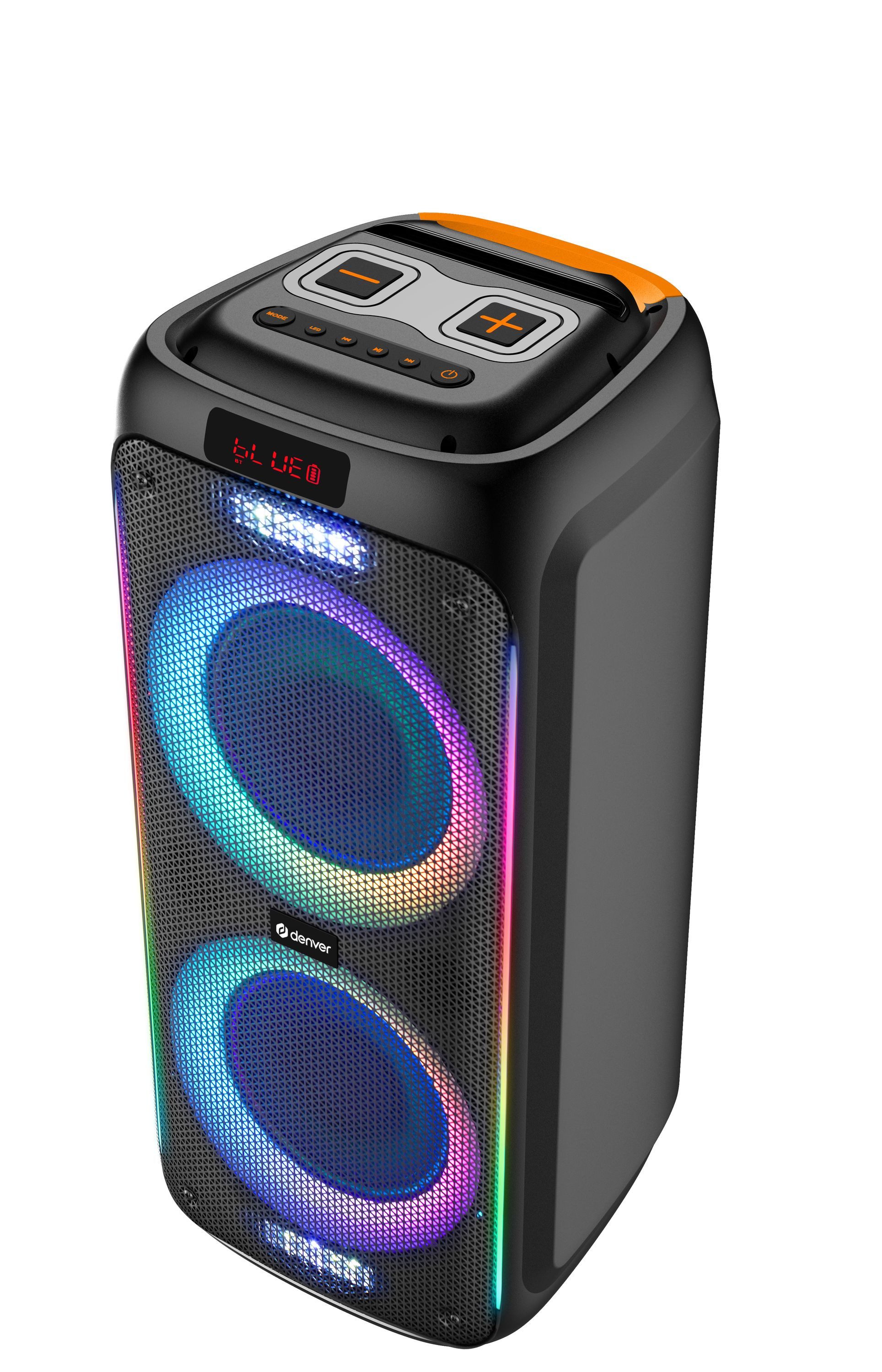 Denver TSP-456 Portable-Lautsprecher (Bluetooth, 600 W, Trolley-Design, 2×8" Woofer, LED-Lichteffekte, inkl. Mikrofon, TWS)