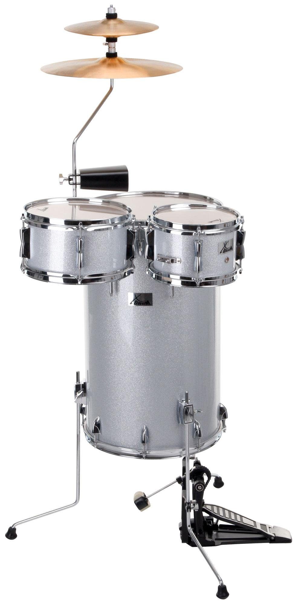 XDrum Schlagzeug Club Drumset Cocktail Schlagzeug (inkl. Becken, Cowbell, Drumsticks und Stimmschlüssel) Silver Sparkle, Robuste Hardware