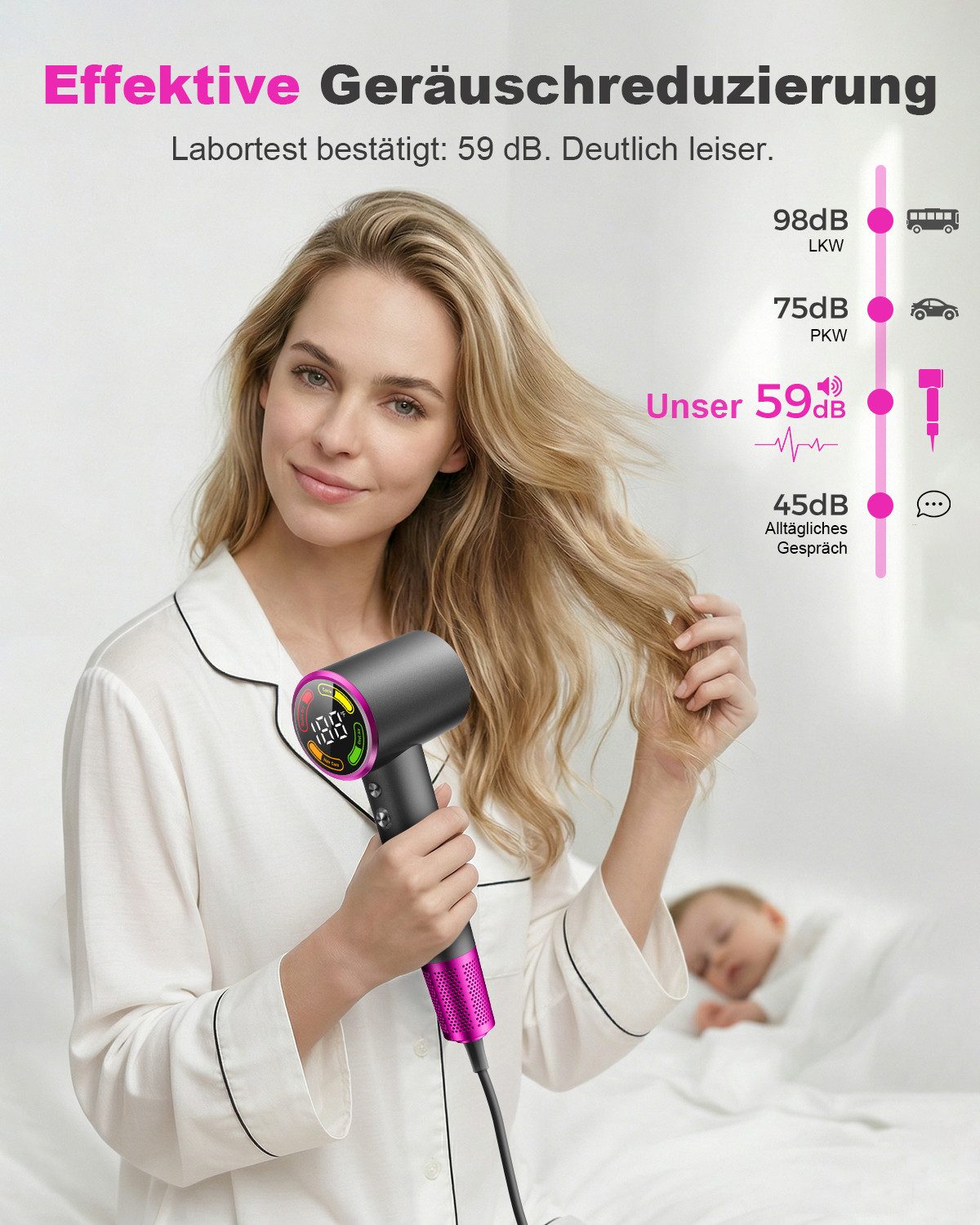 AOMIAO Haartrockner Ionen-Technologie, Föhn mit Diffusor und Konzentrator Düse, 1600 W, Ionenpflege Anti-Frizz, leise & schnelle Trocknung, reisefreundlich – Bild 5 von 5